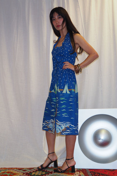 70's Lucie Linden Halter Neck Summer Dress Blue