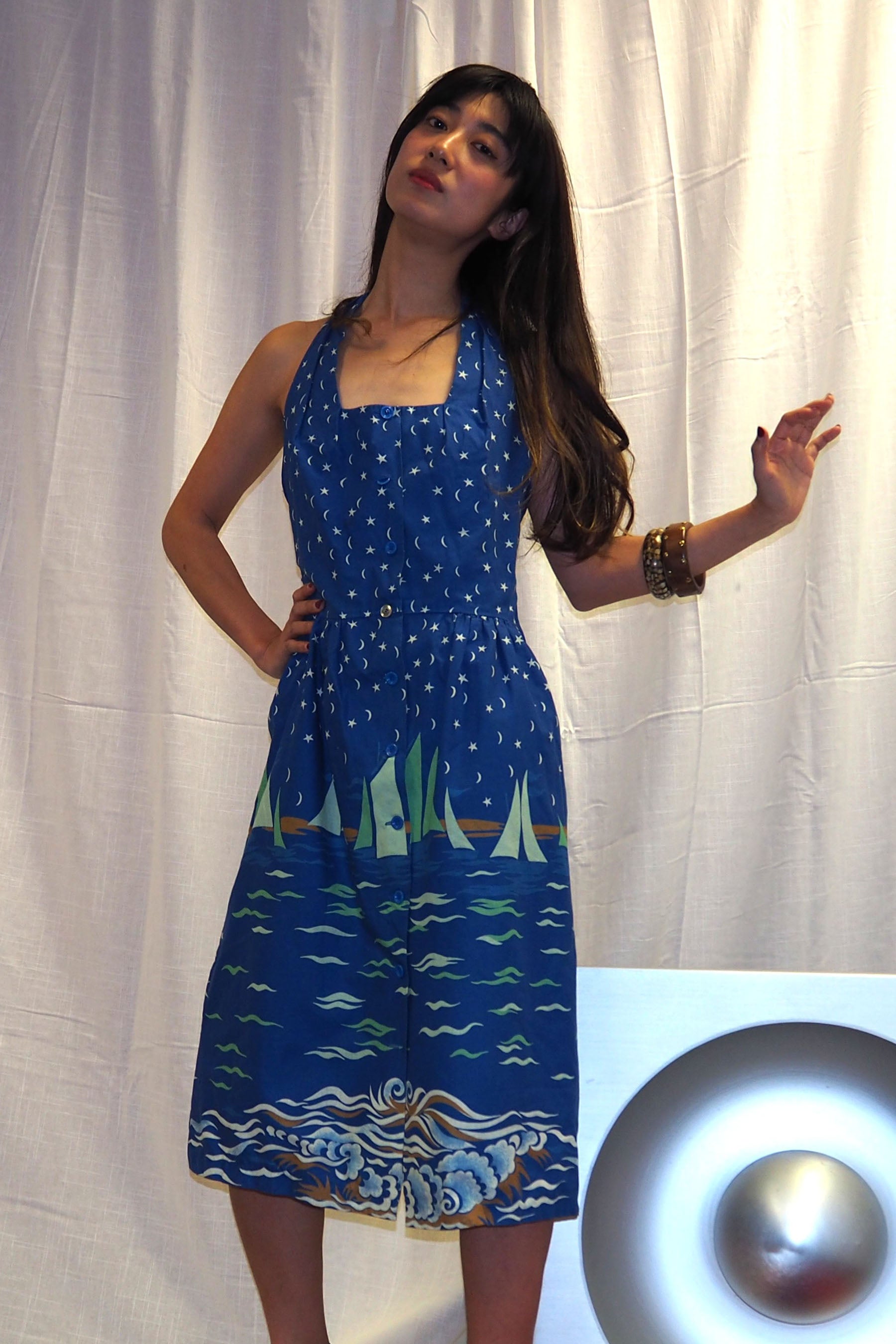 70's Lucie Linden Halter Neck Summer Dress Blue