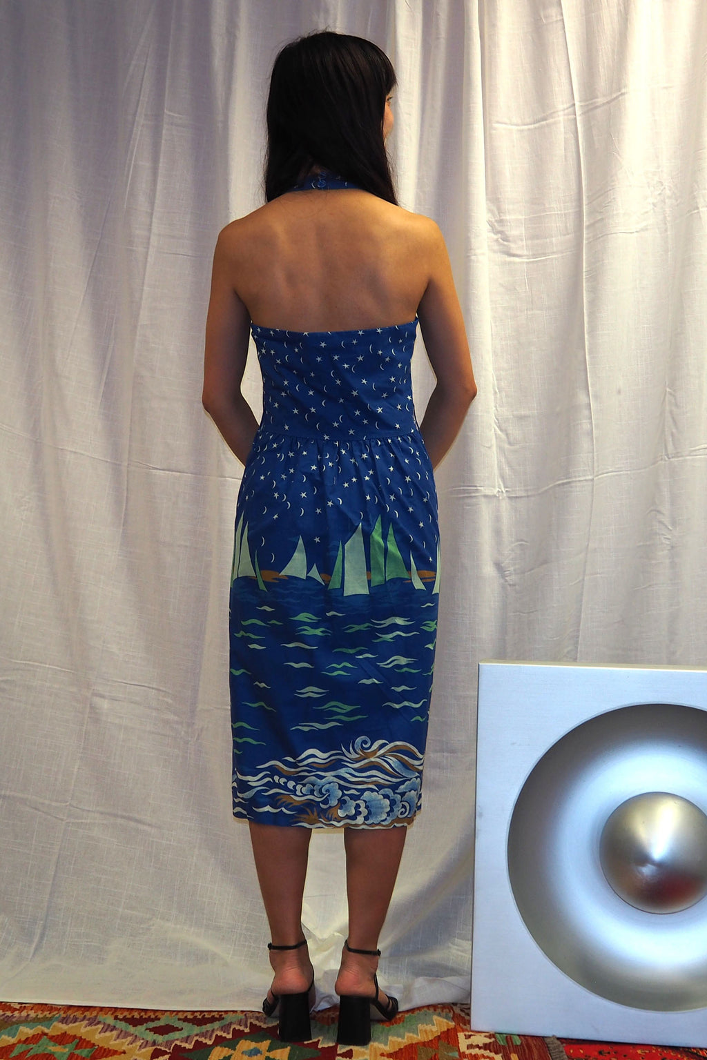 70's Lucie Linden Halter Neck Summer Dress Blue