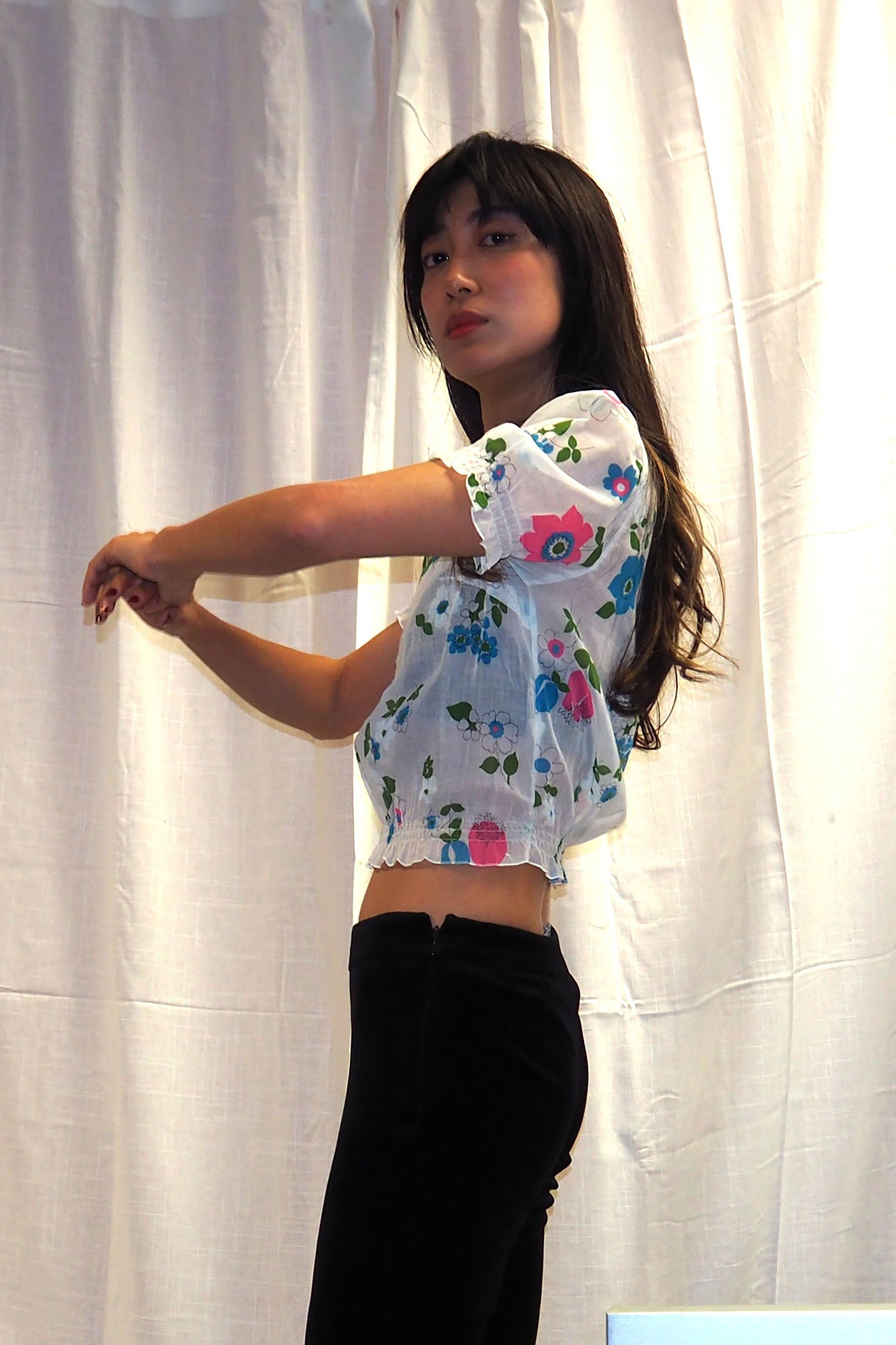 70's Floral Gauze Mini Tops White