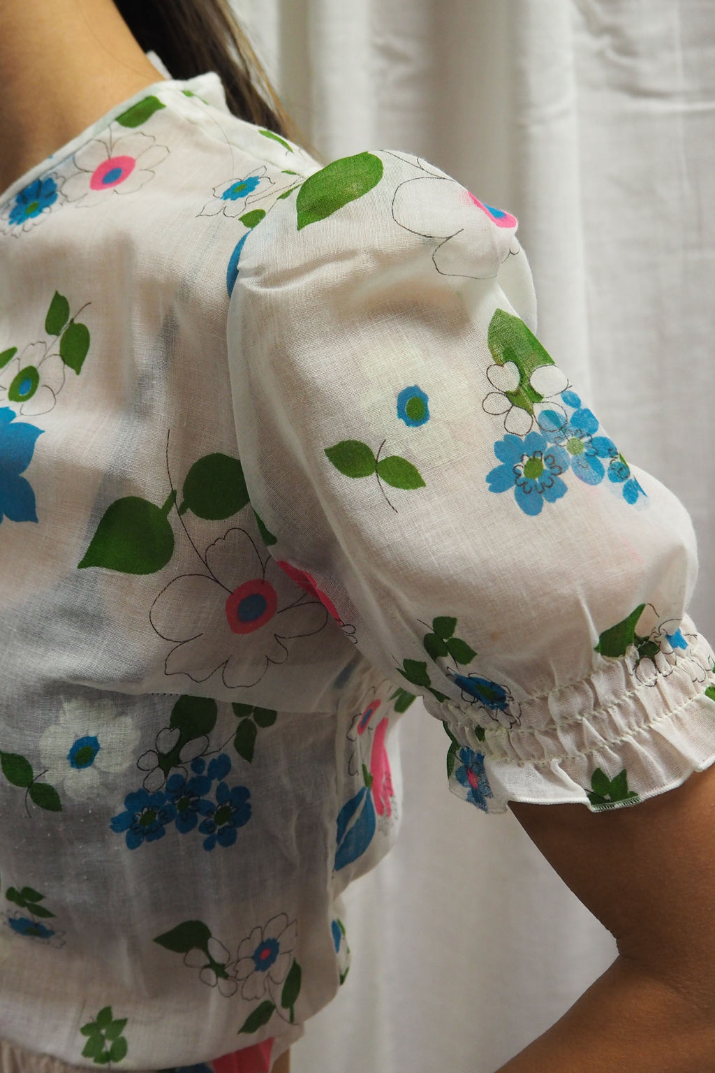 70's Floral Gauze Mini Tops White