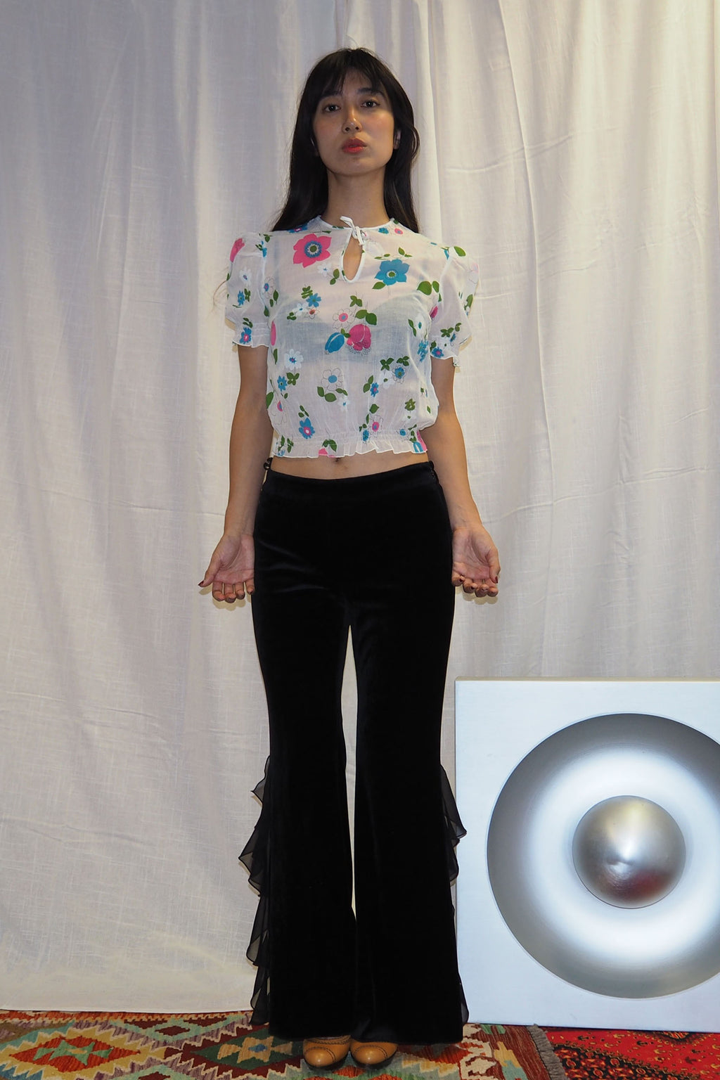 70's Floral Gauze Mini Tops White