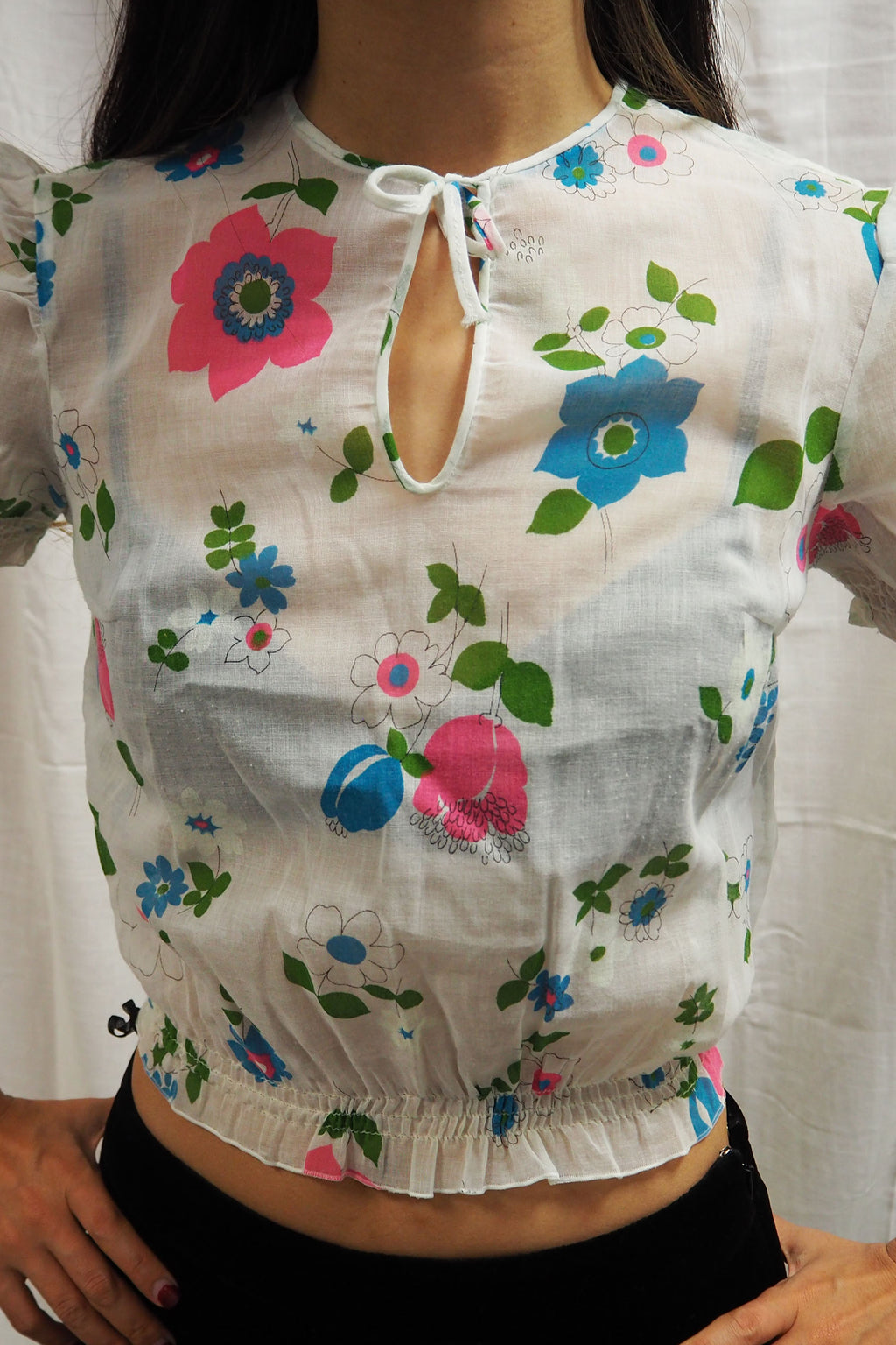 70's Floral Gauze Mini Tops White