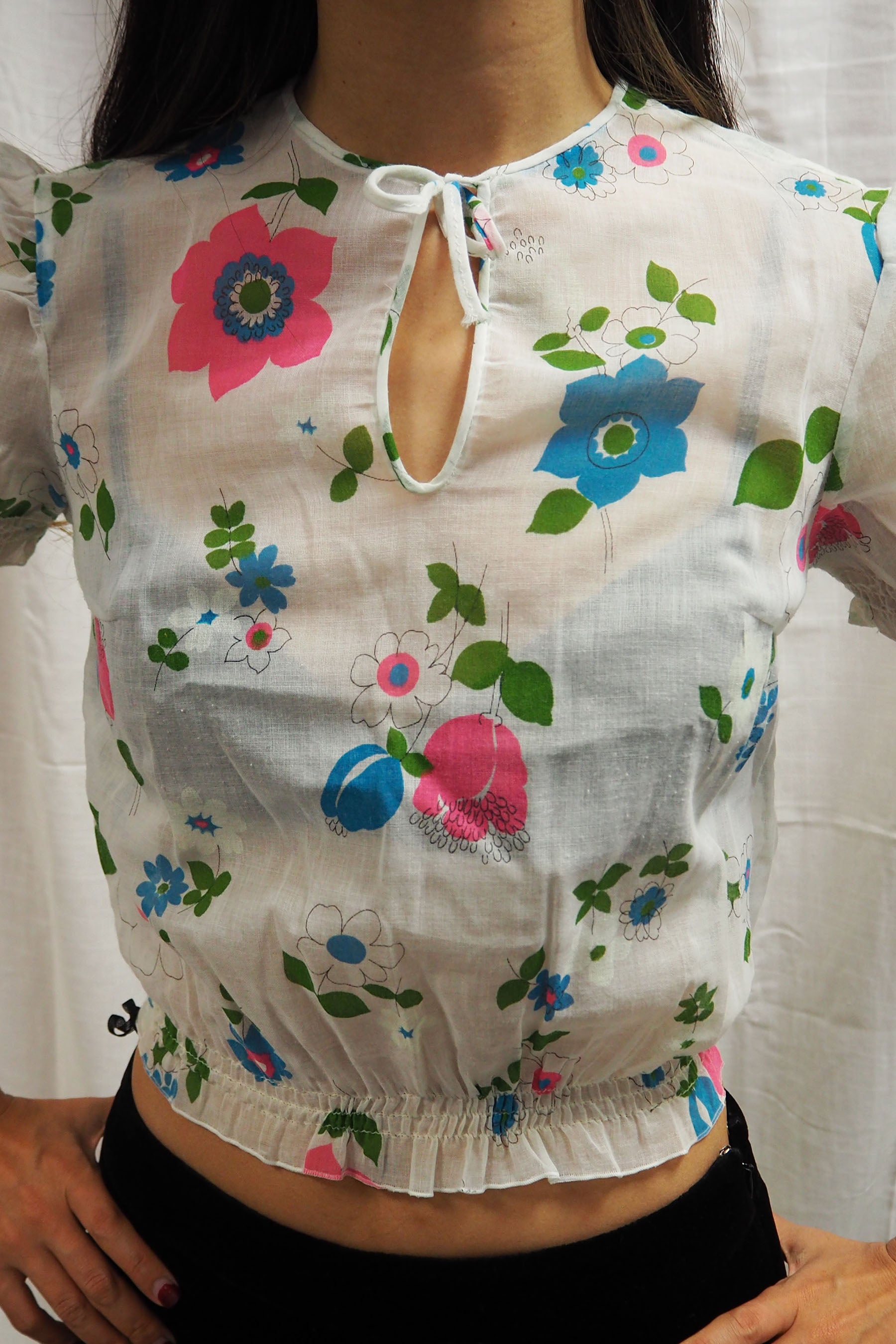 70's Floral Gauze Mini Tops White