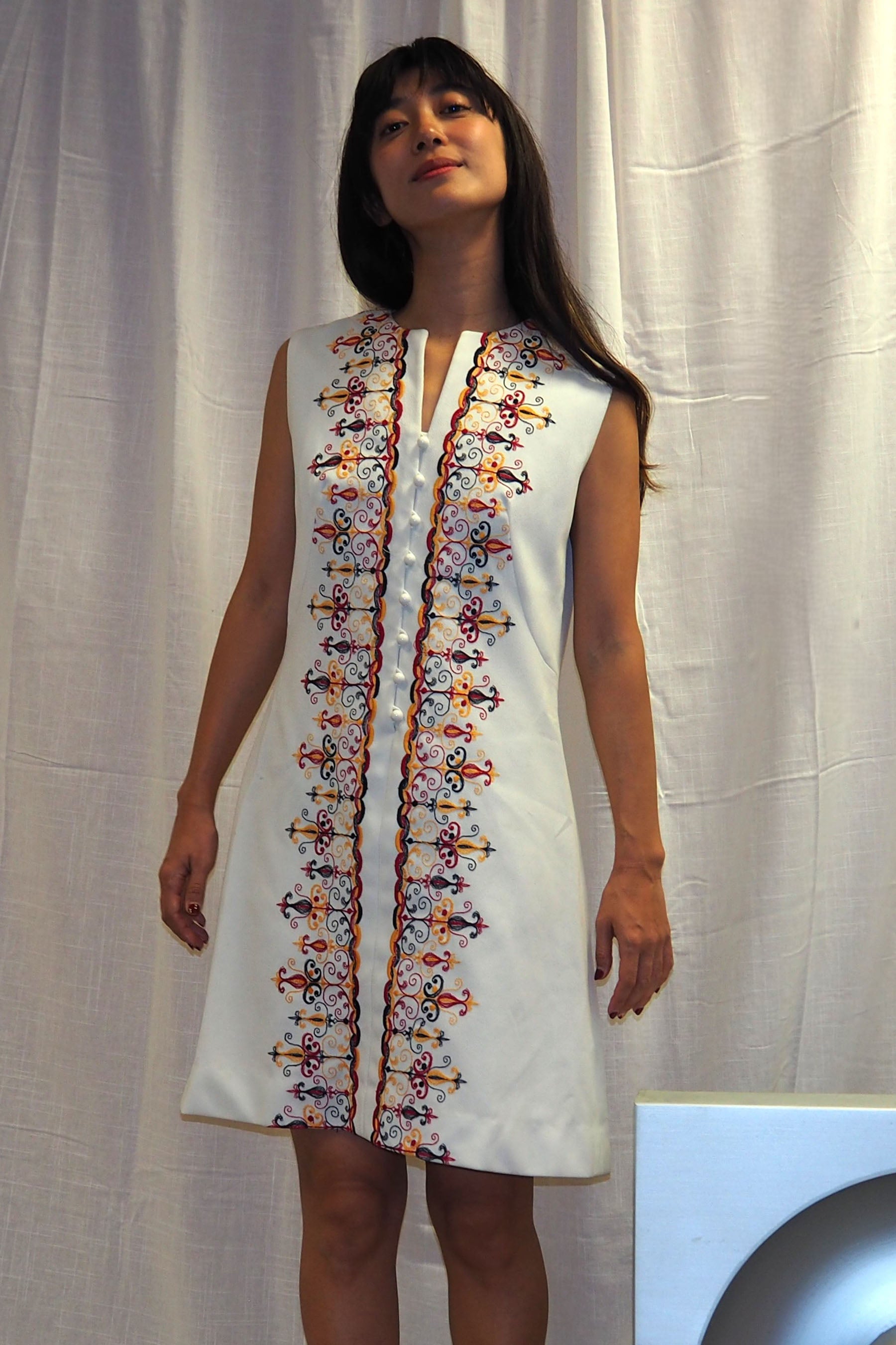60's Trevira Embroidered Dress White