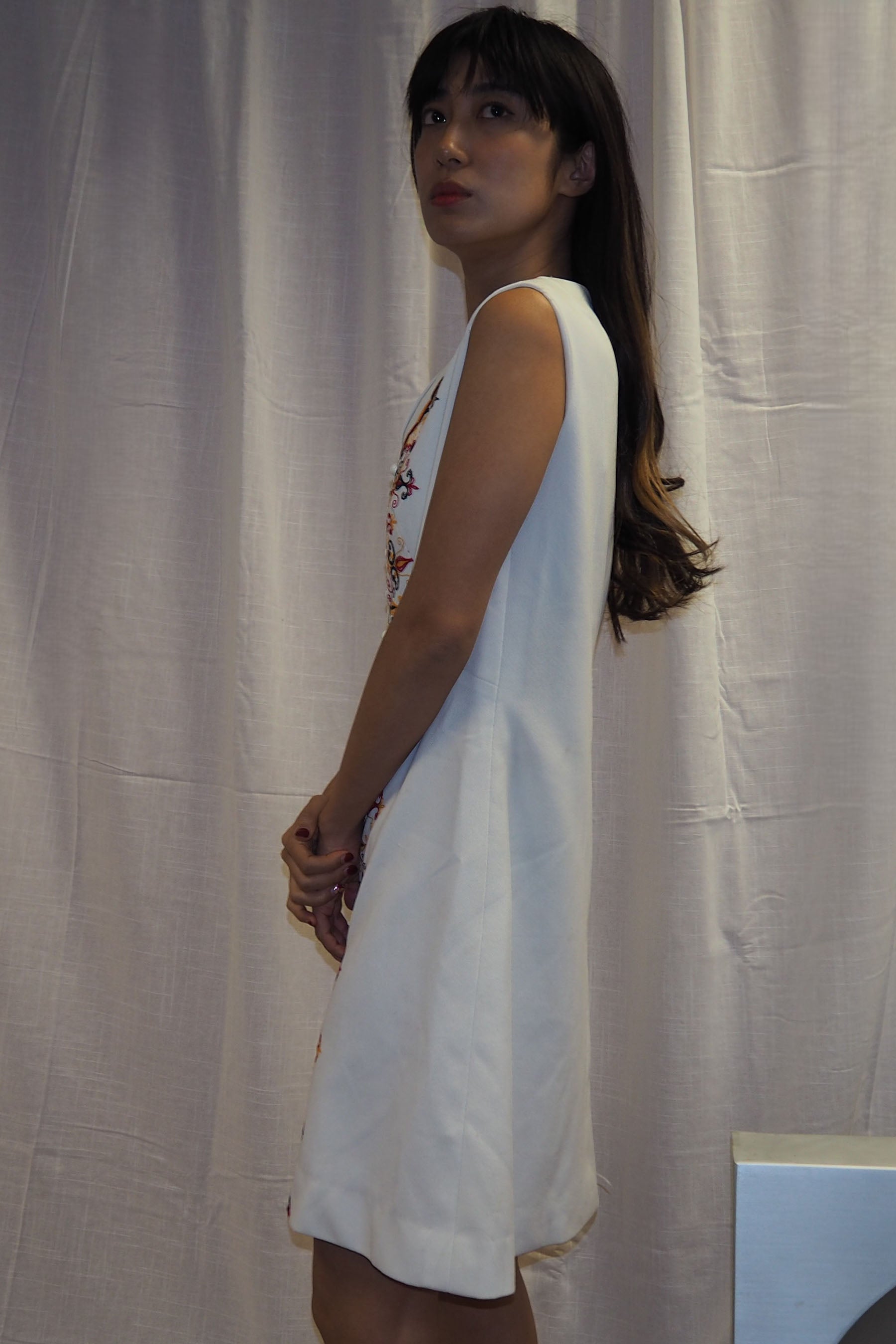 60's Trevira Embroidered Dress White