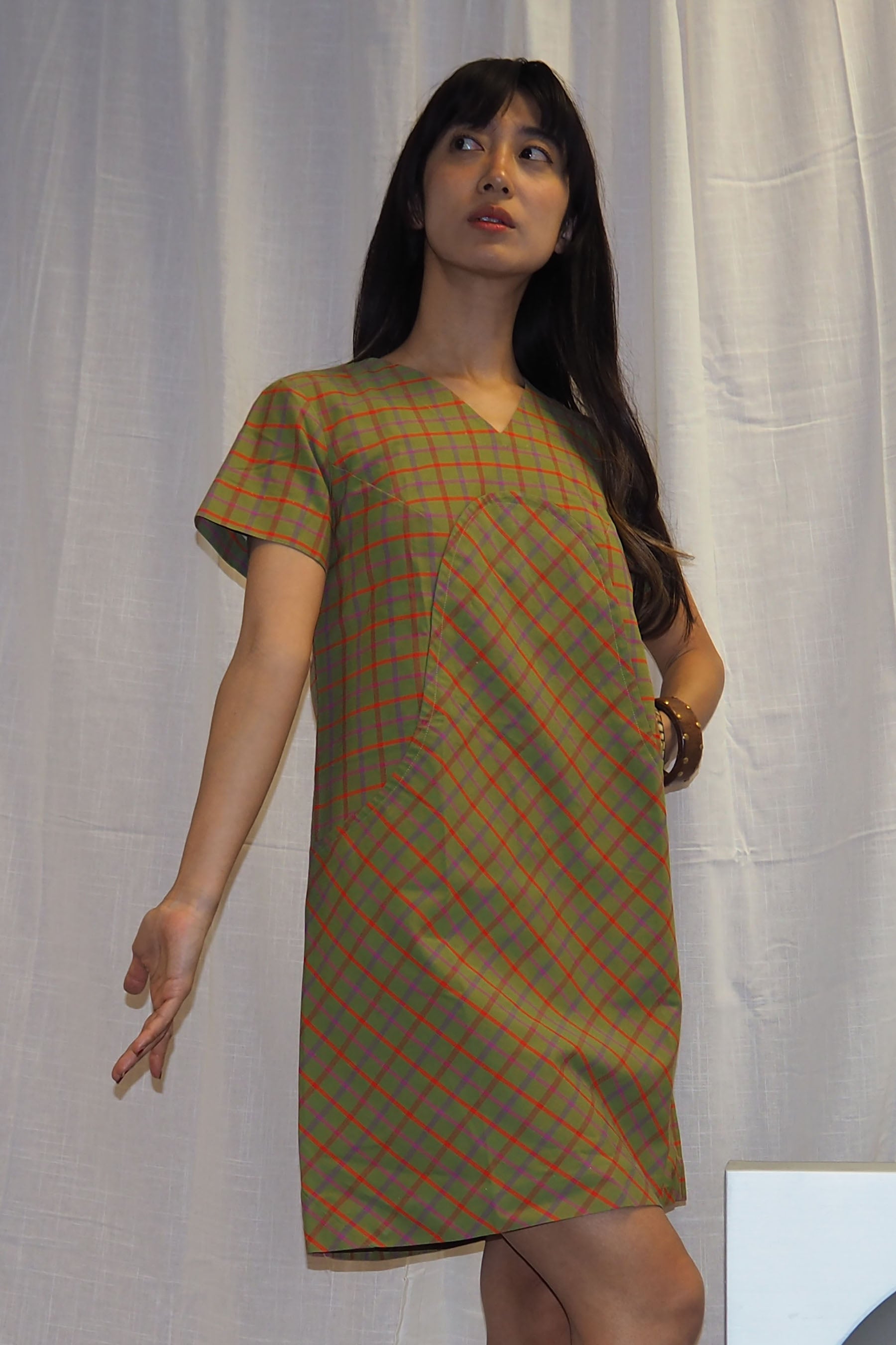 60's Handmade Mini Dress Khaki Check