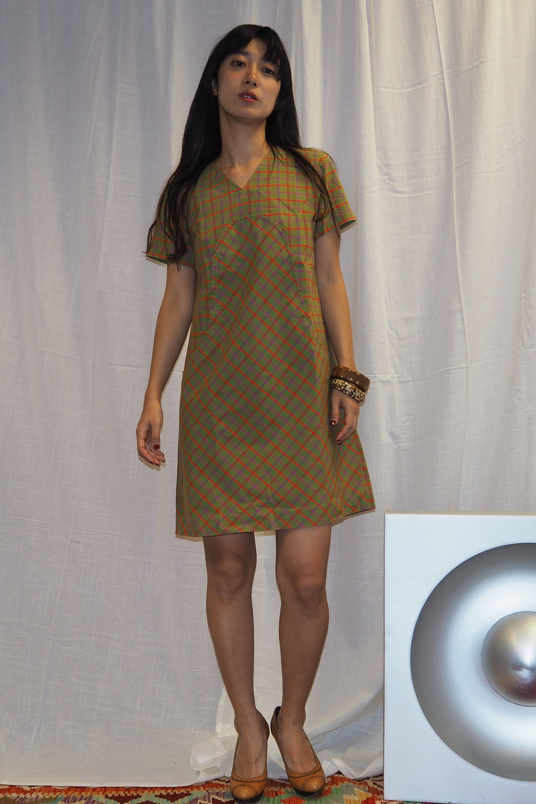 60's Handmade Mini Dress Khaki Check