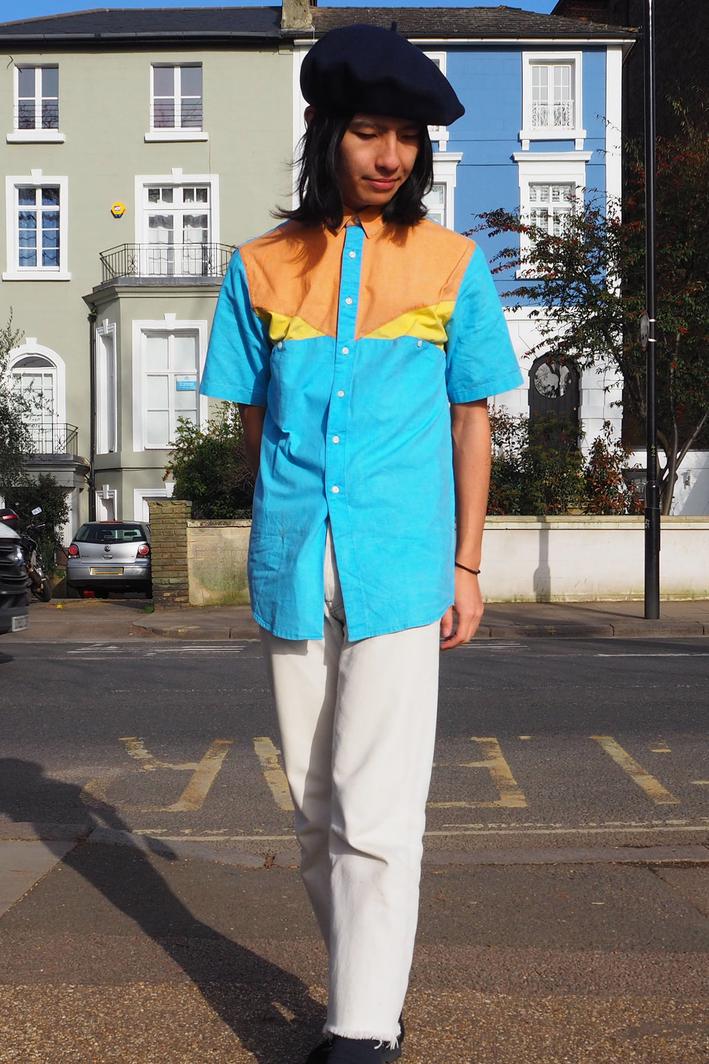 70's LINEA Deadstock Colourblock Short Sleeve Shirt Blue