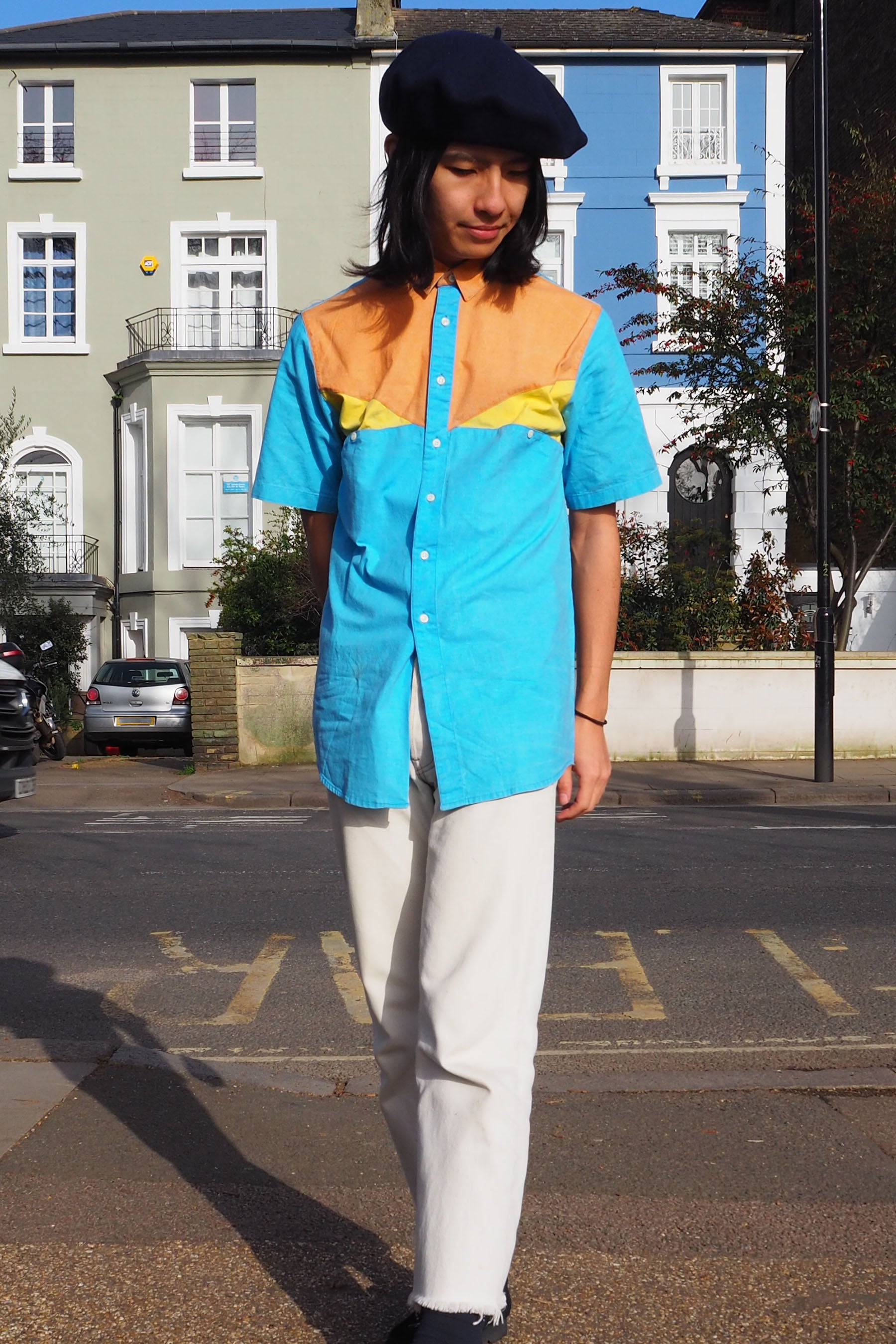 70's LINEA Deadstock Colourblock Short Sleeve Shirt Blue