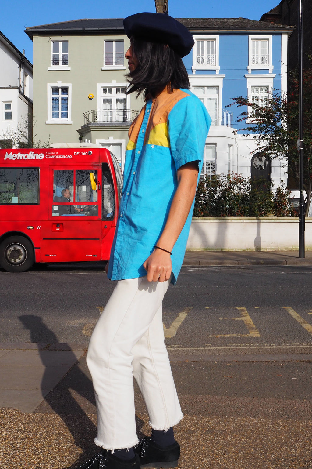 70's LINEA Deadstock Colourblock Short Sleeve Shirt Blue