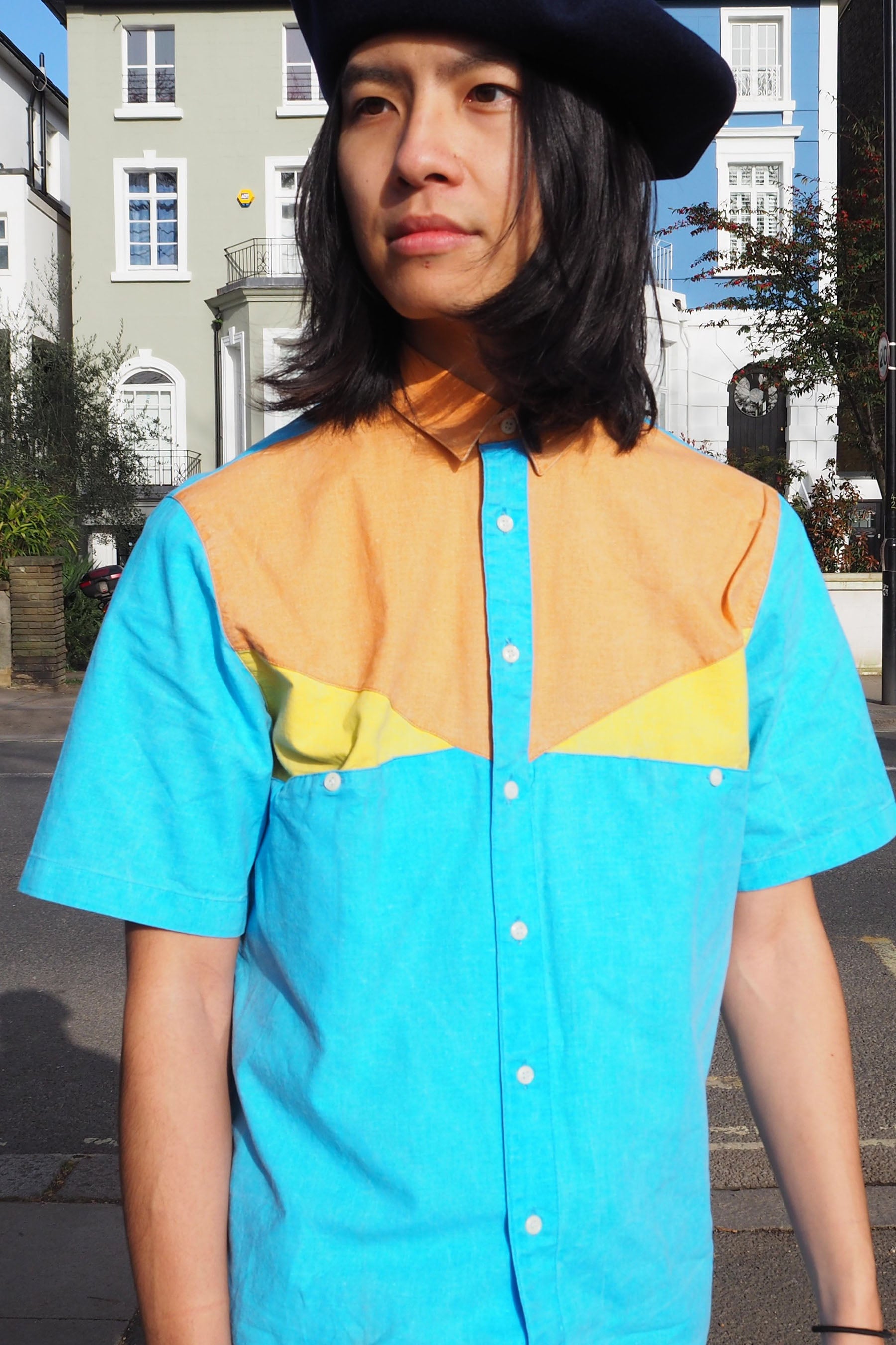 70's LINEA Deadstock Colourblock Short Sleeve Shirt Blue