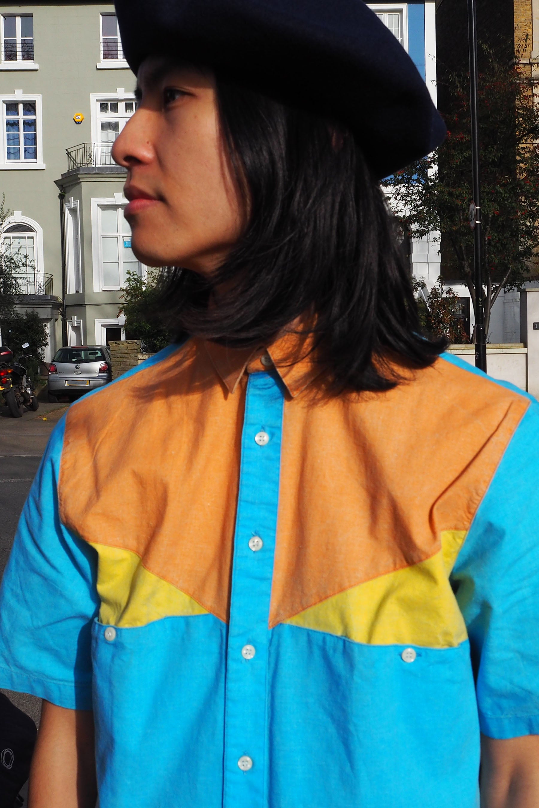 70's LINEA Deadstock Colourblock Short Sleeve Shirt Blue