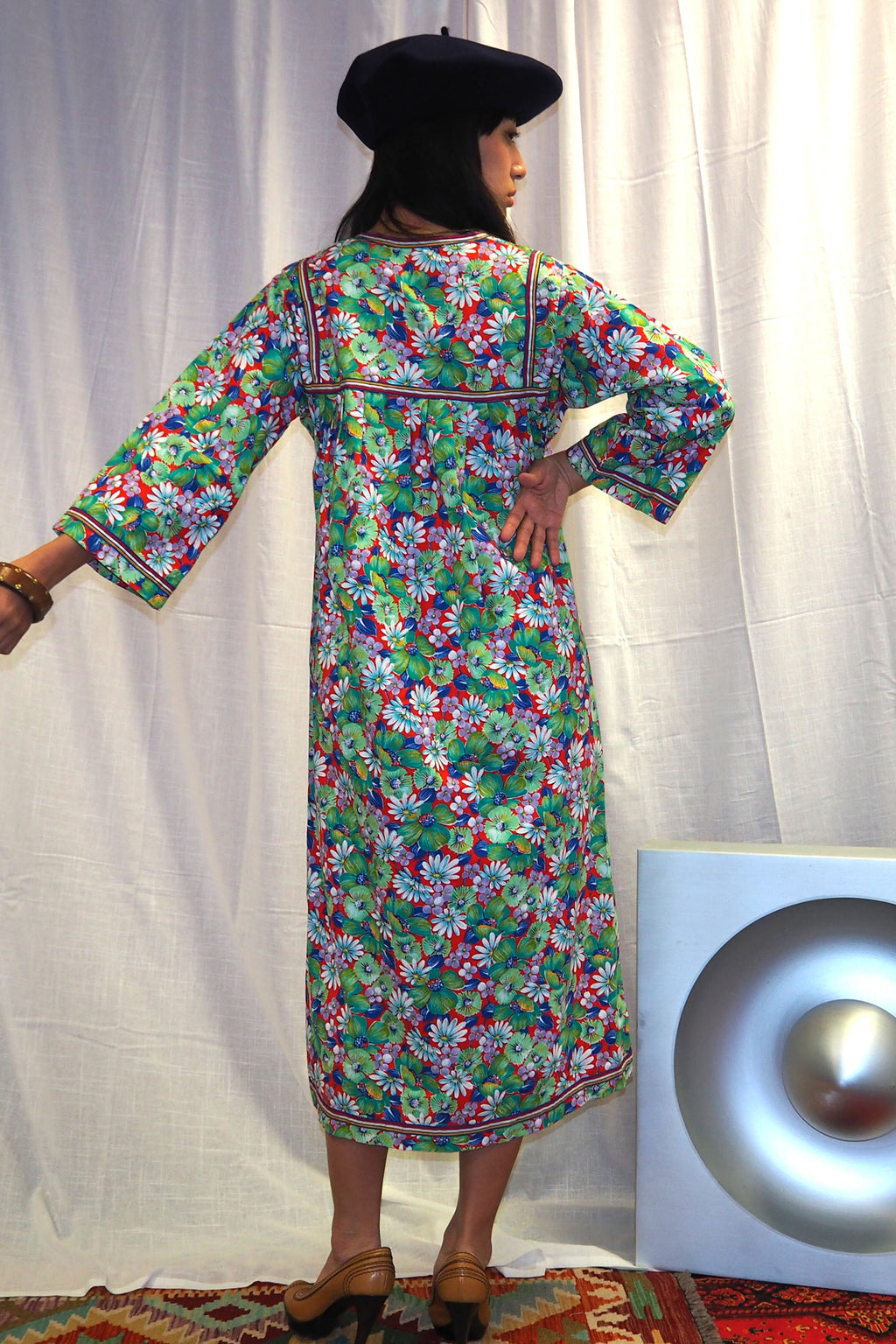 70's ALHADEFF BOUTIQUE Floral Smock Dress Green