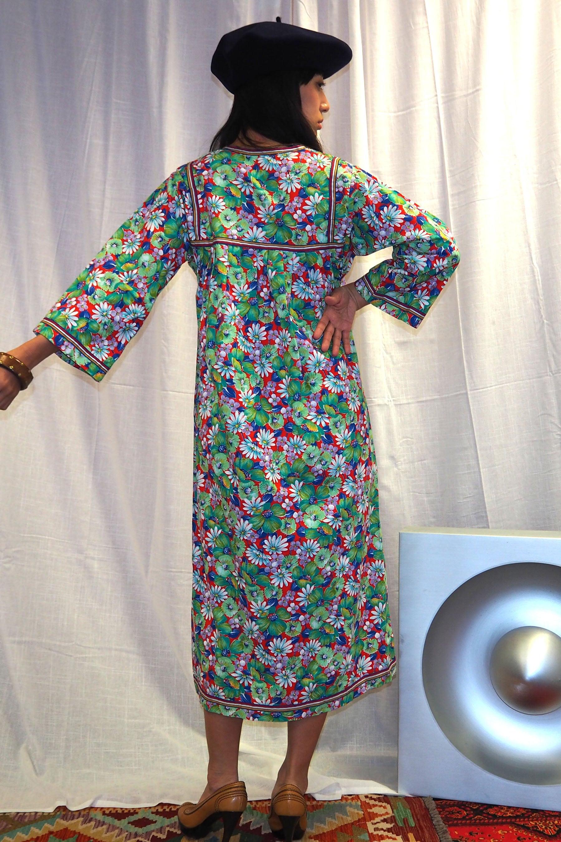 70's ALHADEFF BOUTIQUE Floral Smock Dress Green
