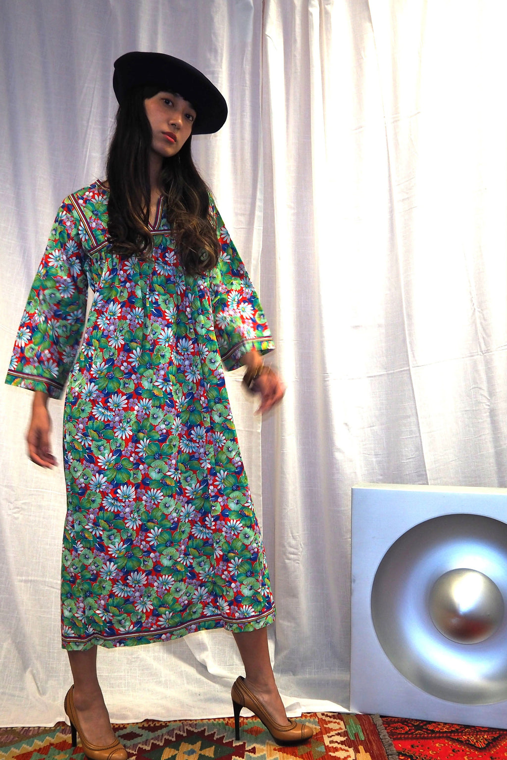 70's ALHADEFF BOUTIQUE Floral Smock Dress Green