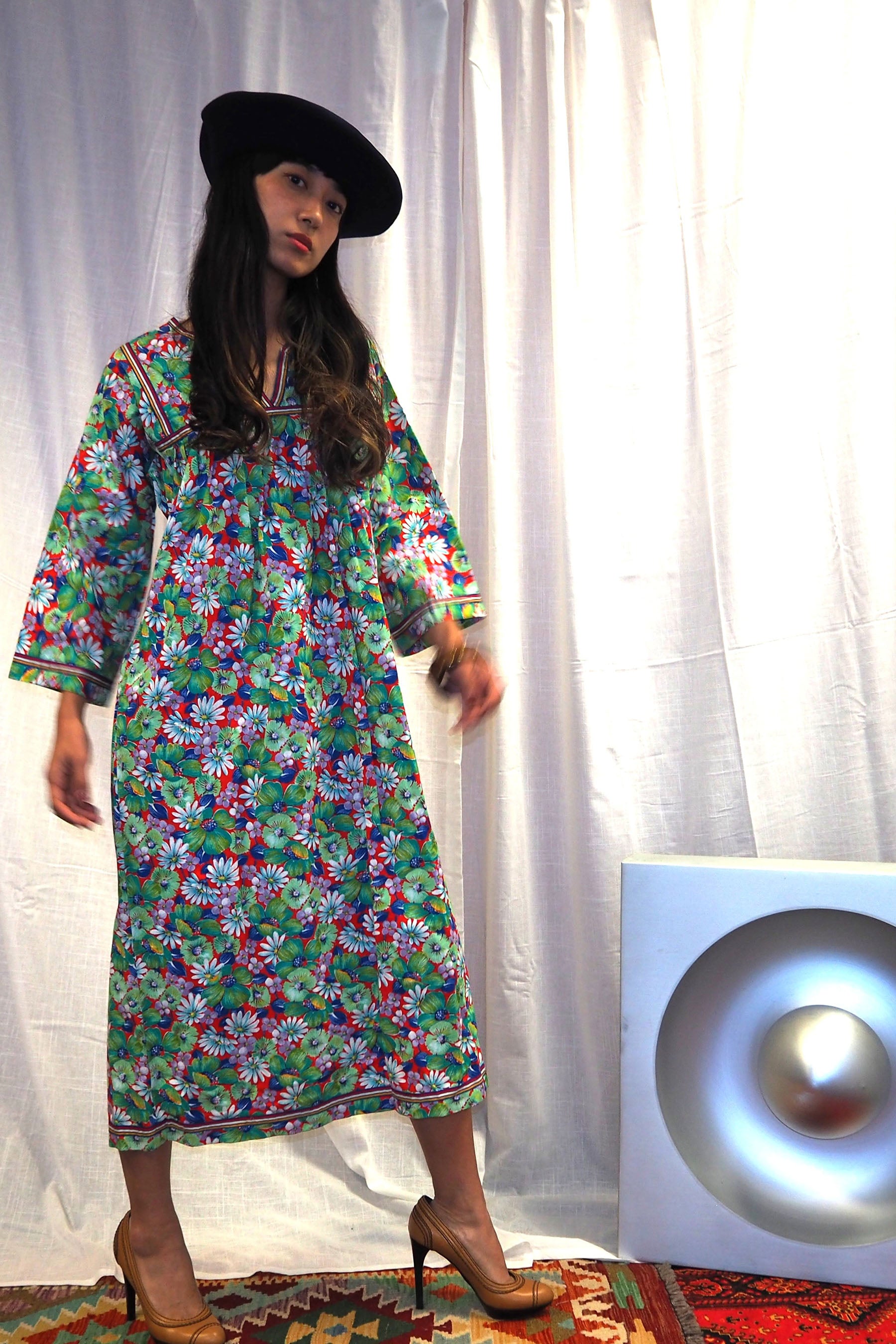 70's ALHADEFF BOUTIQUE Floral Smock Dress Green