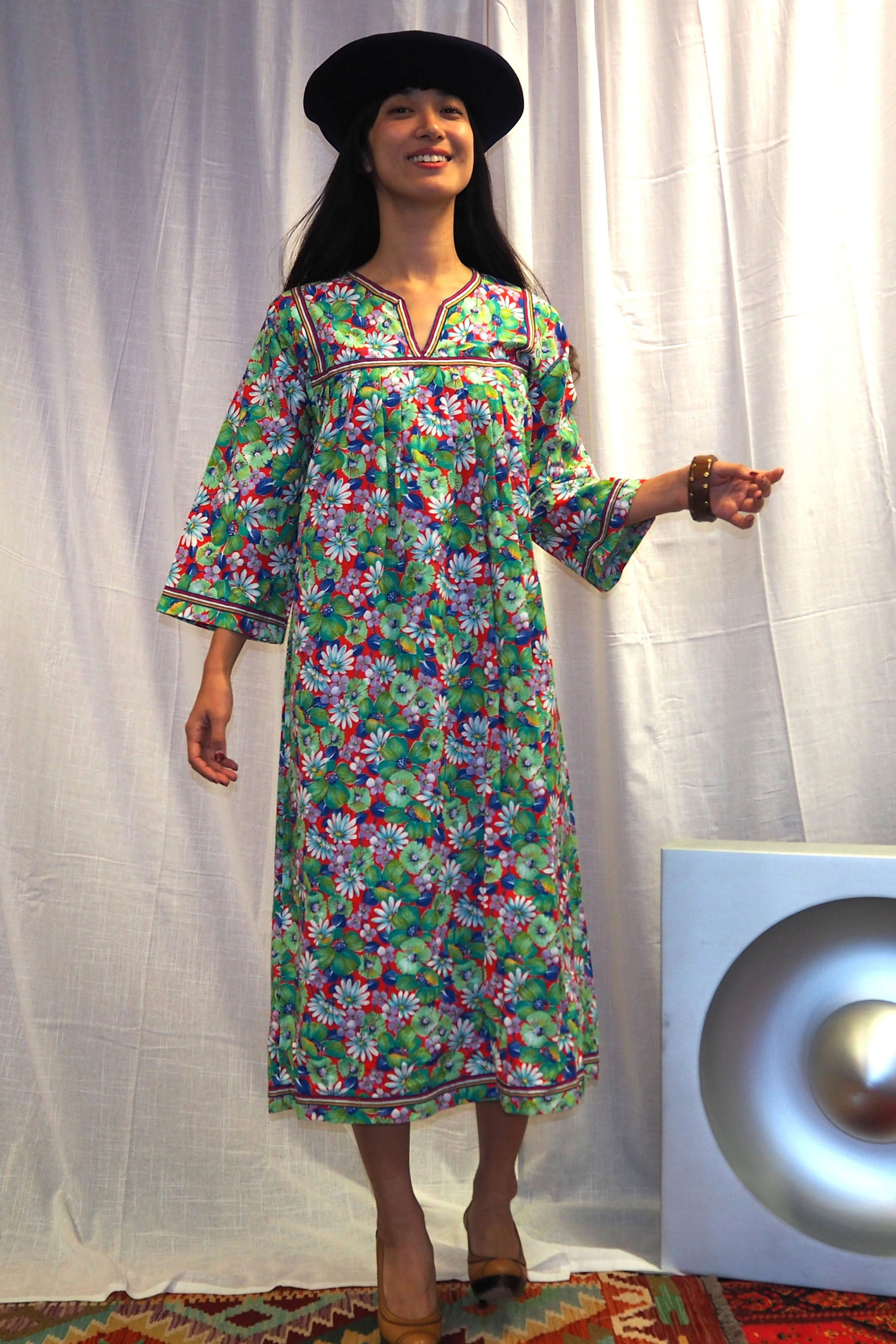70's ALHADEFF BOUTIQUE Floral Smock Dress Green
