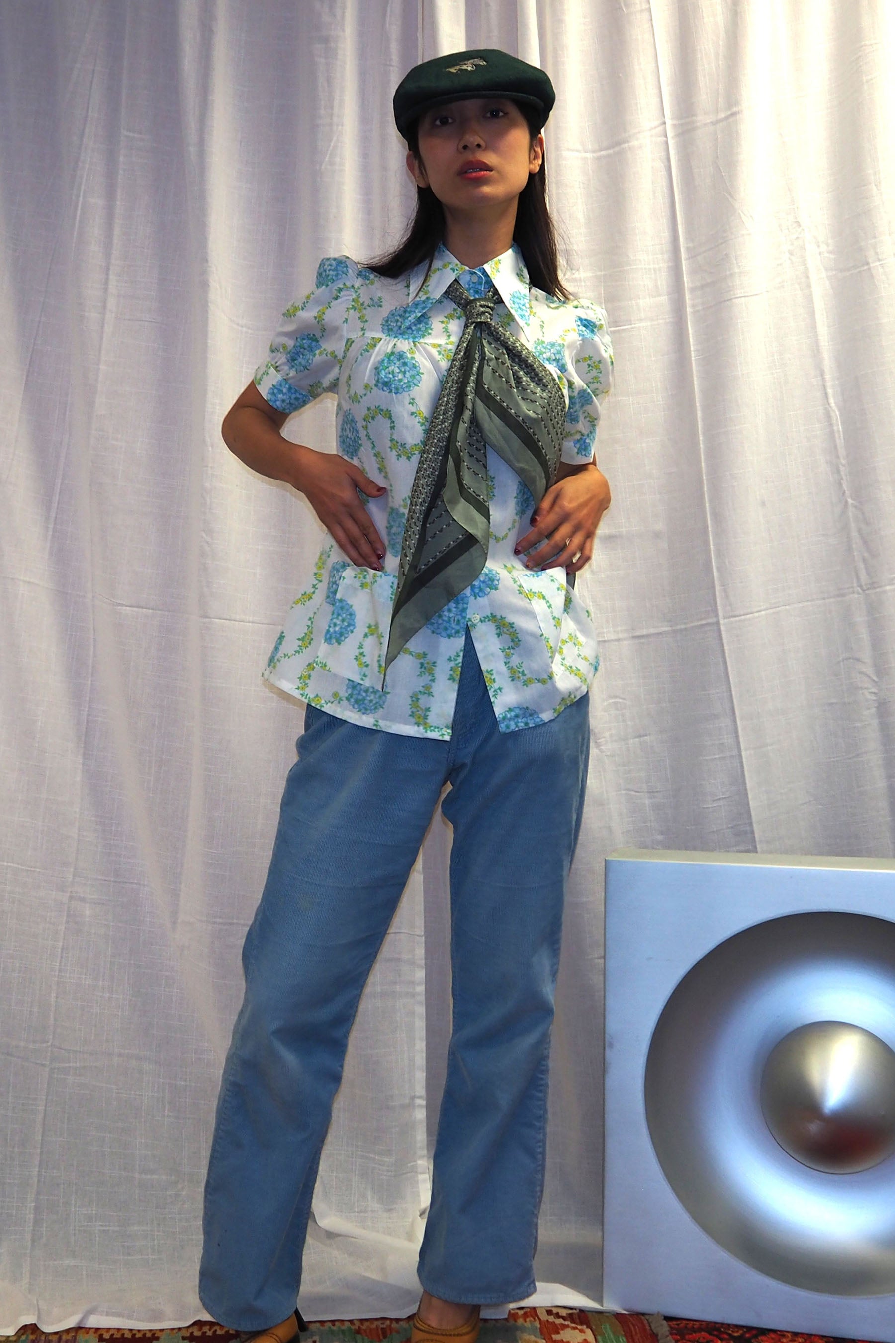 70's PERMANENT PRESS Floral Blouse White
