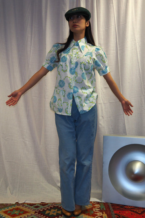 70's PERMANENT PRESS Floral Blouse White