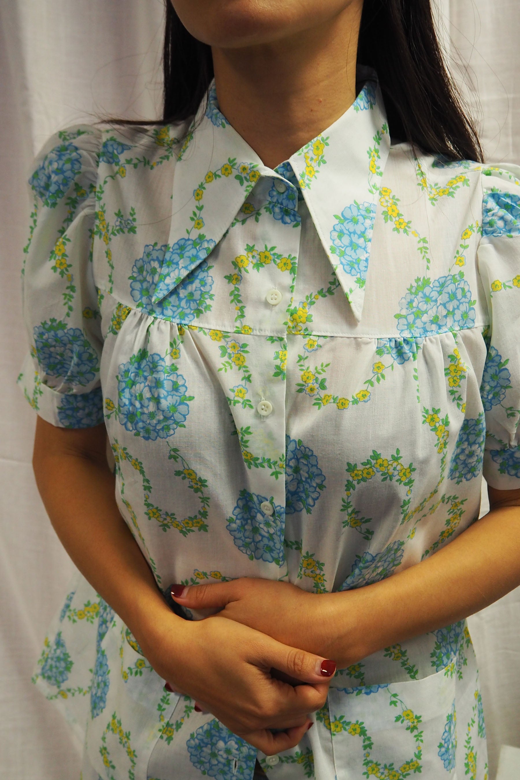 70's PERMANENT PRESS Floral Blouse White