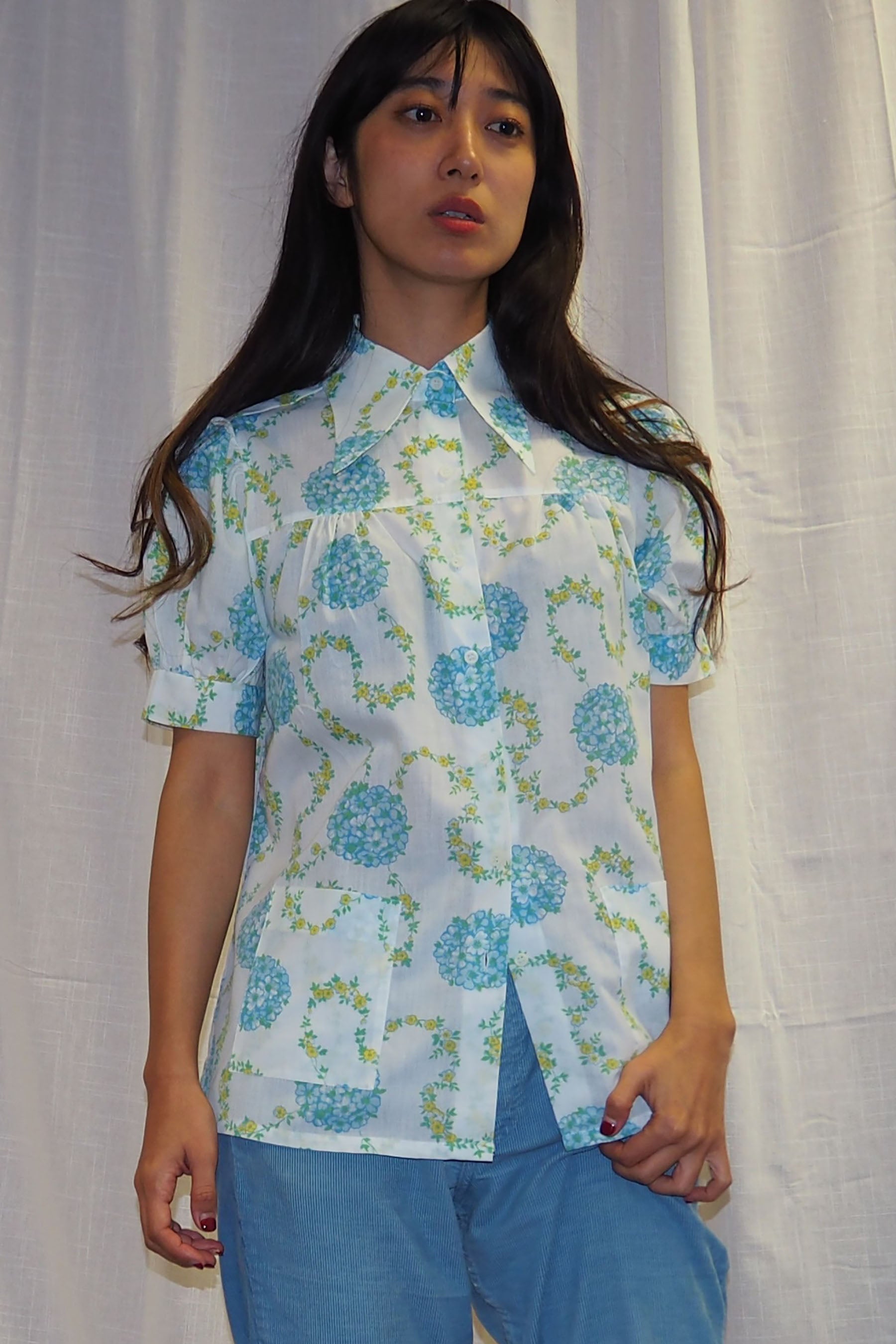 70's PERMANENT PRESS Floral Blouse White
