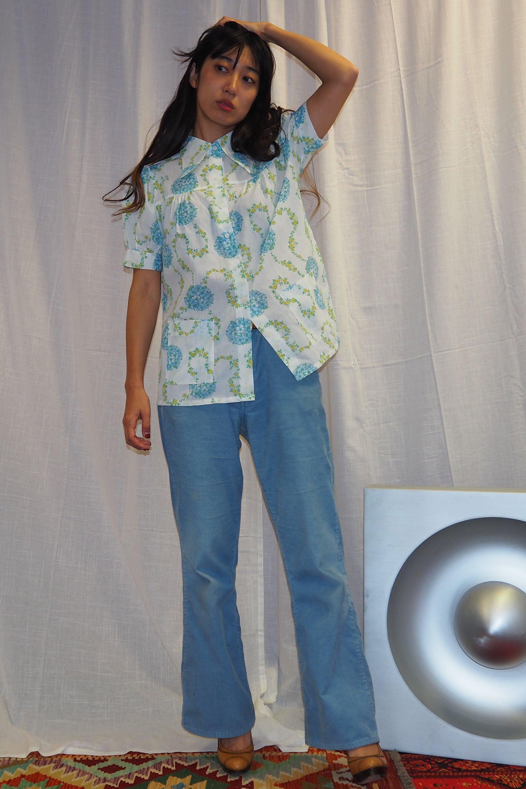 70's PERMANENT PRESS Floral Blouse White