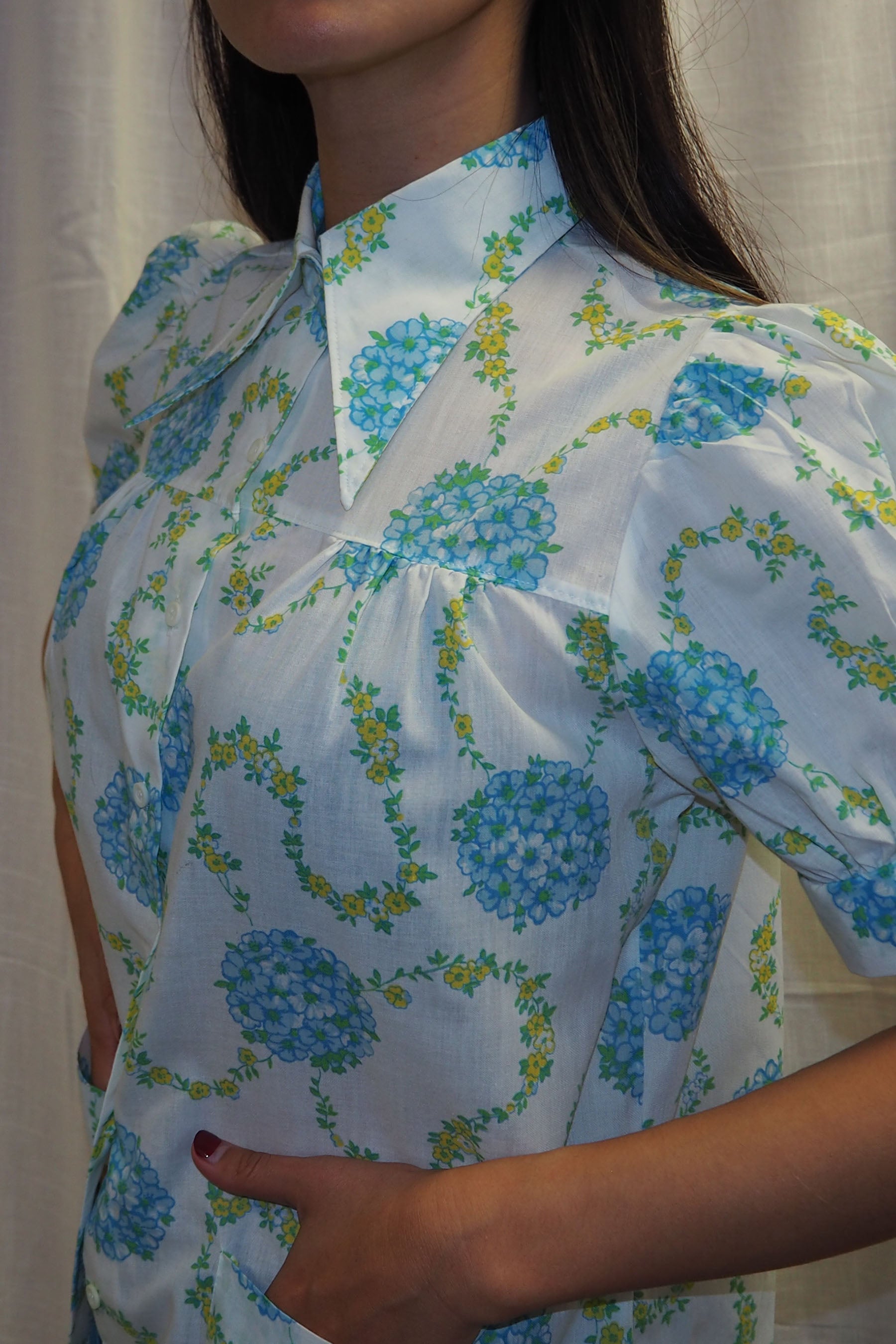 70's PERMANENT PRESS Floral Blouse White