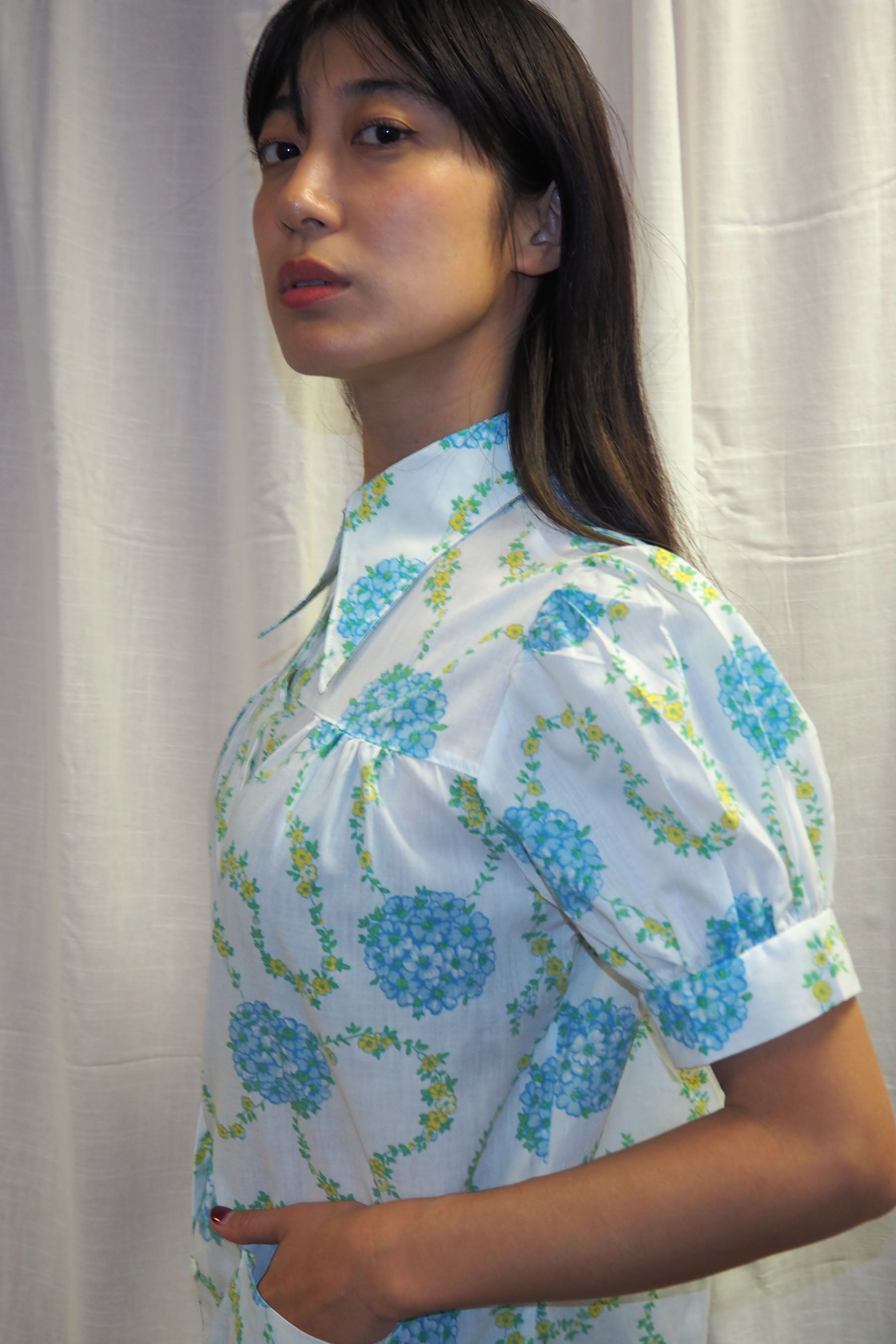 70's PERMANENT PRESS Floral Blouse White