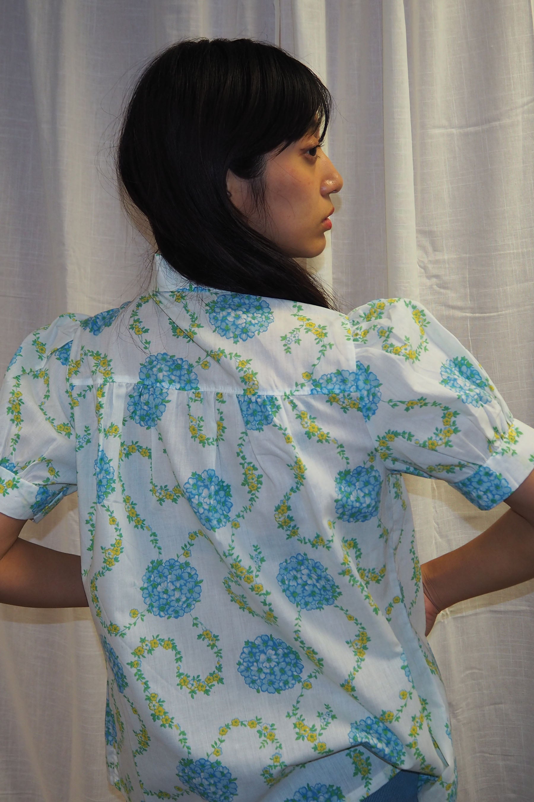70's PERMANENT PRESS Floral Blouse White