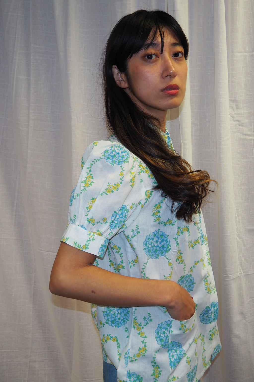 70's PERMANENT PRESS Floral Blouse White