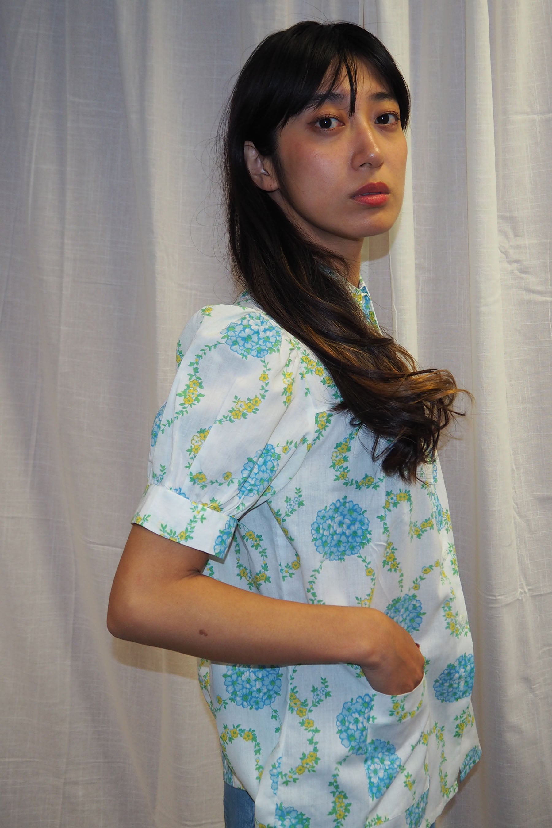 70's PERMANENT PRESS Floral Blouse White