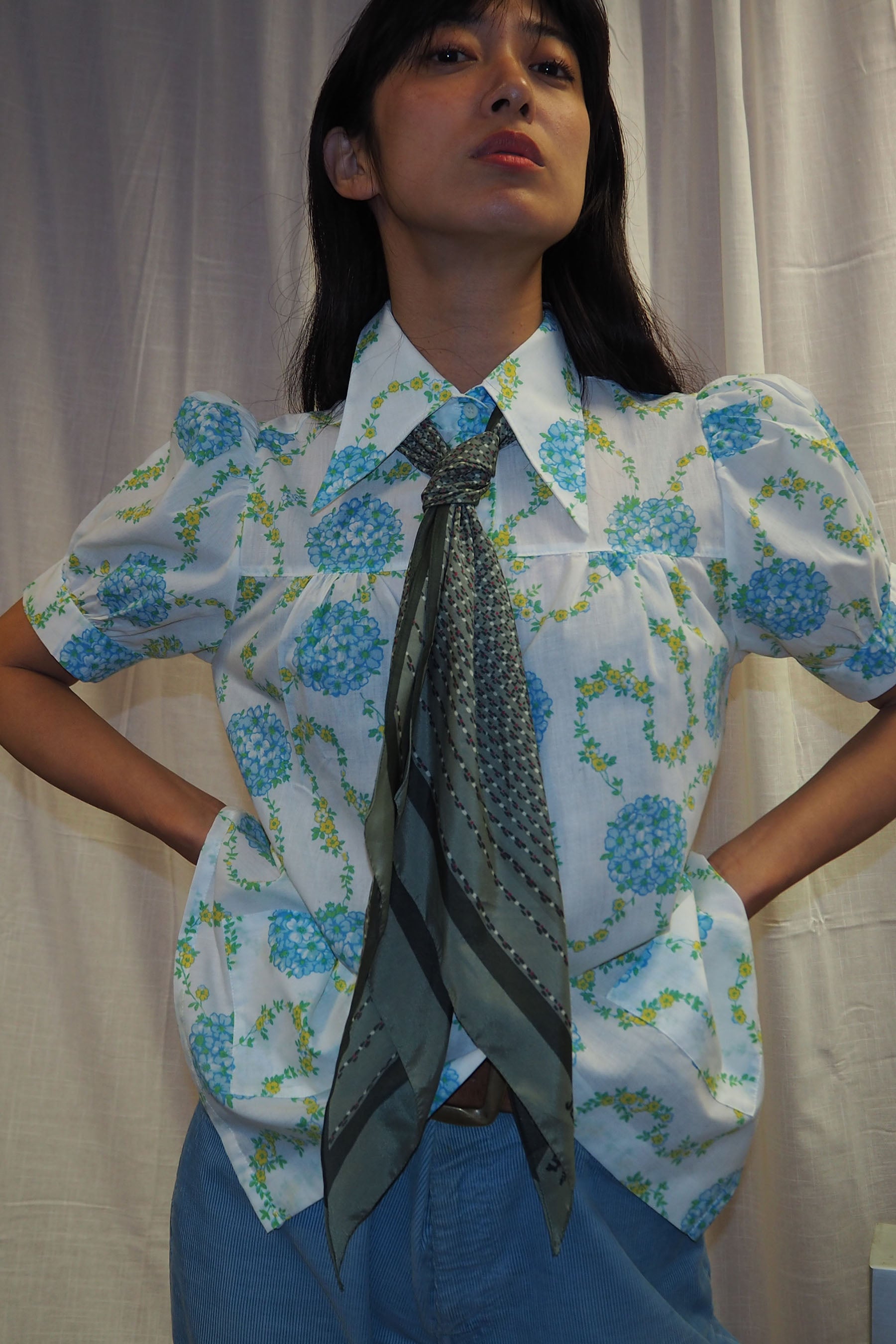70's PERMANENT PRESS Floral Blouse White
