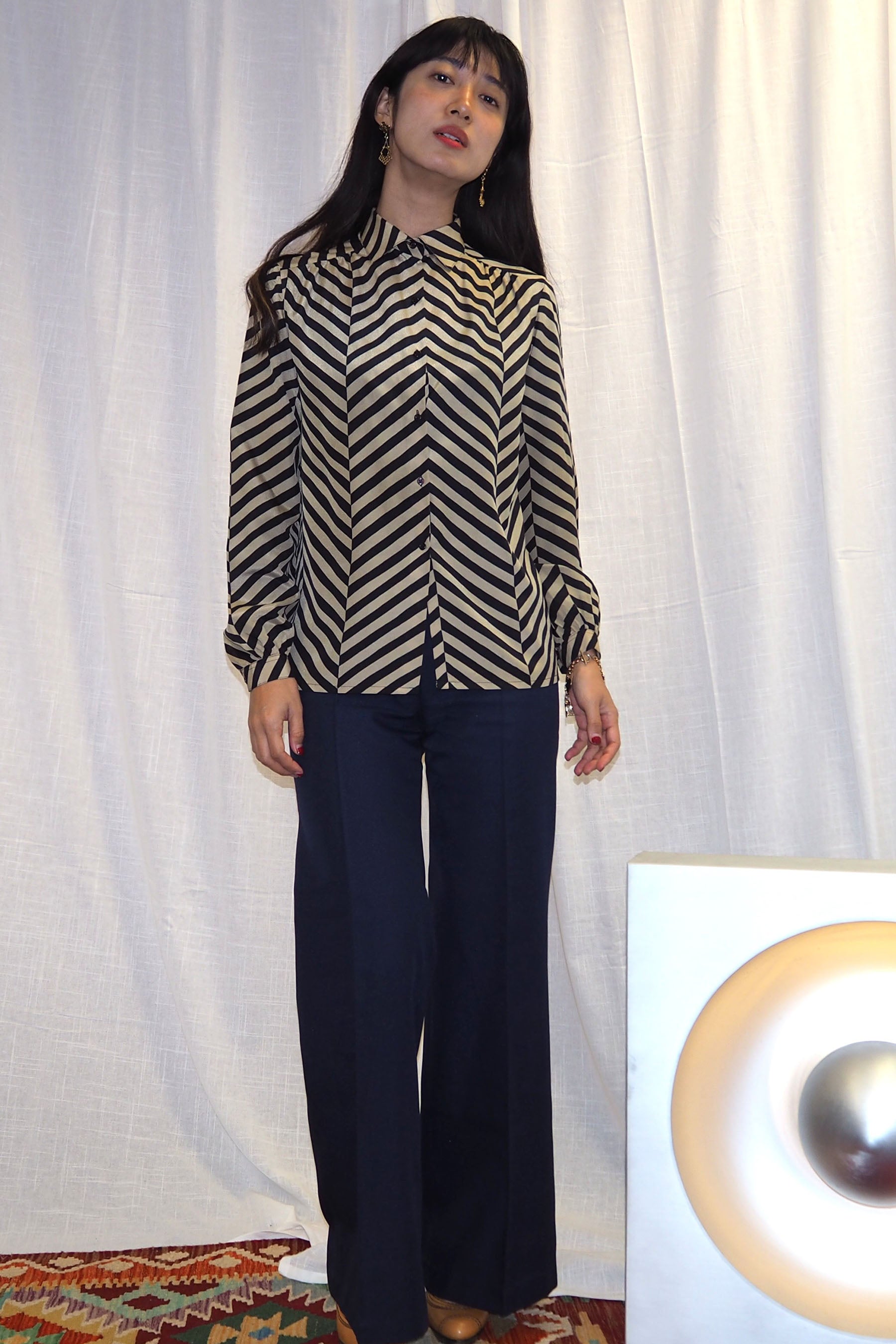 vintage 1970s Rodier of Paris sand beige and black stripedshirt