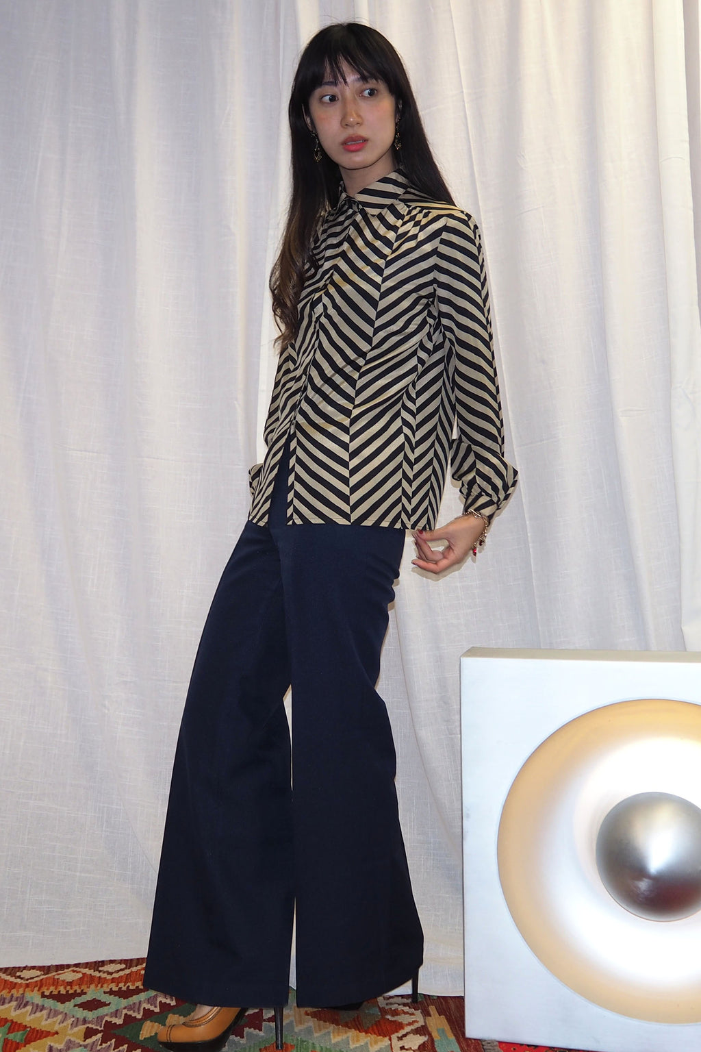vintage 1970s Rodier of Paris sand beige and black stripedshirt