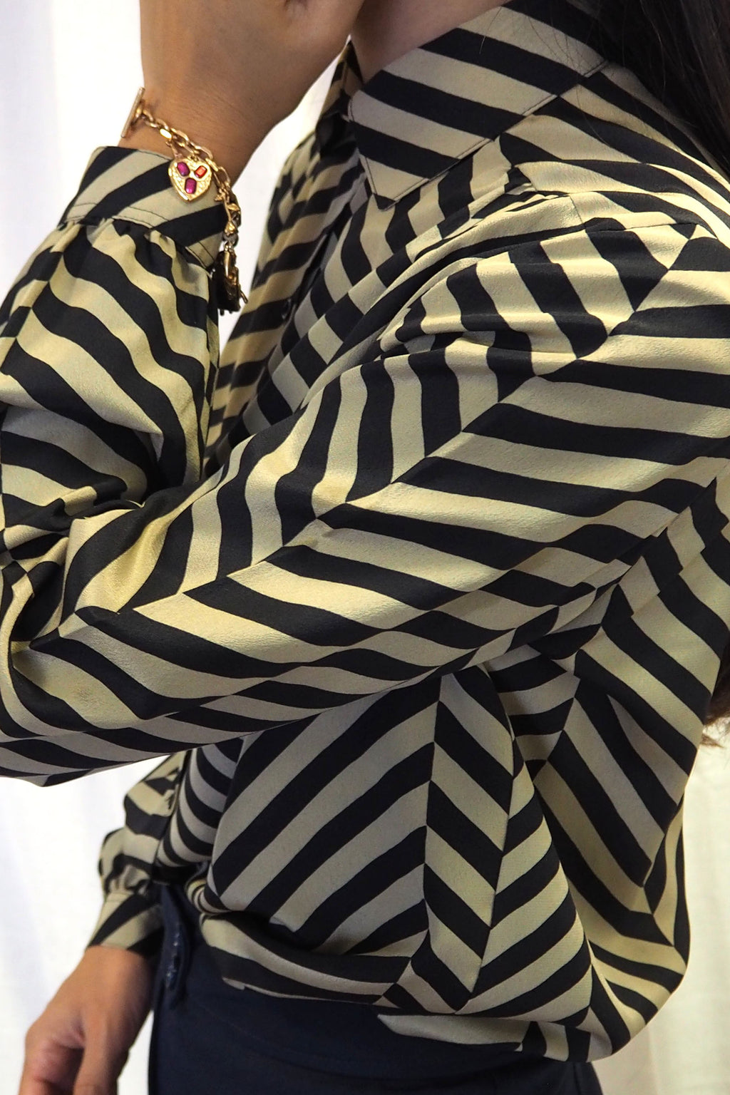 vintage 1970s Rodier of Paris sand beige and black stripedshirt