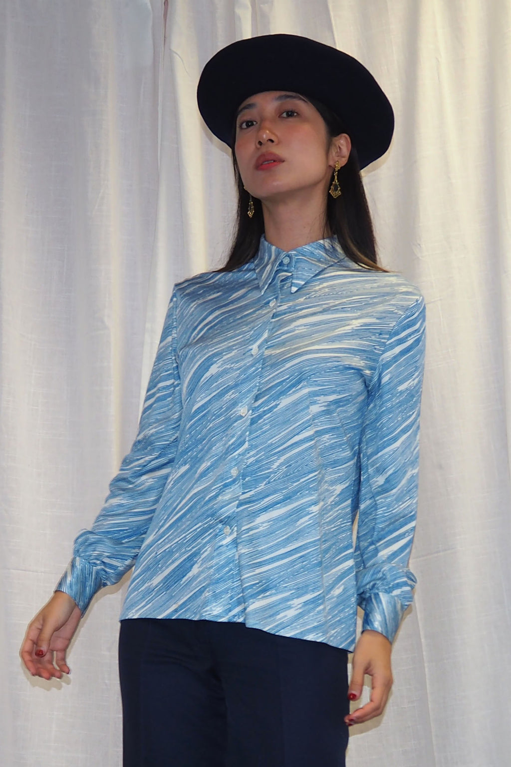 vintage 1970s Rodier of Paris blue and white abstract shirt