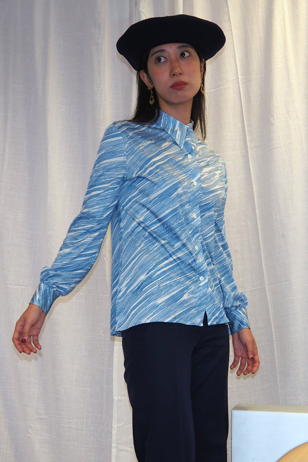 vintage 1970s Rodier of Paris blue and white abstract shirt