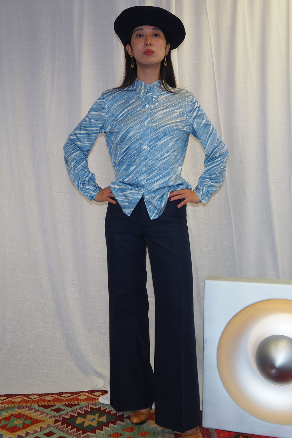 vintage 1970s Rodier of Paris blue and white abstract shirt
