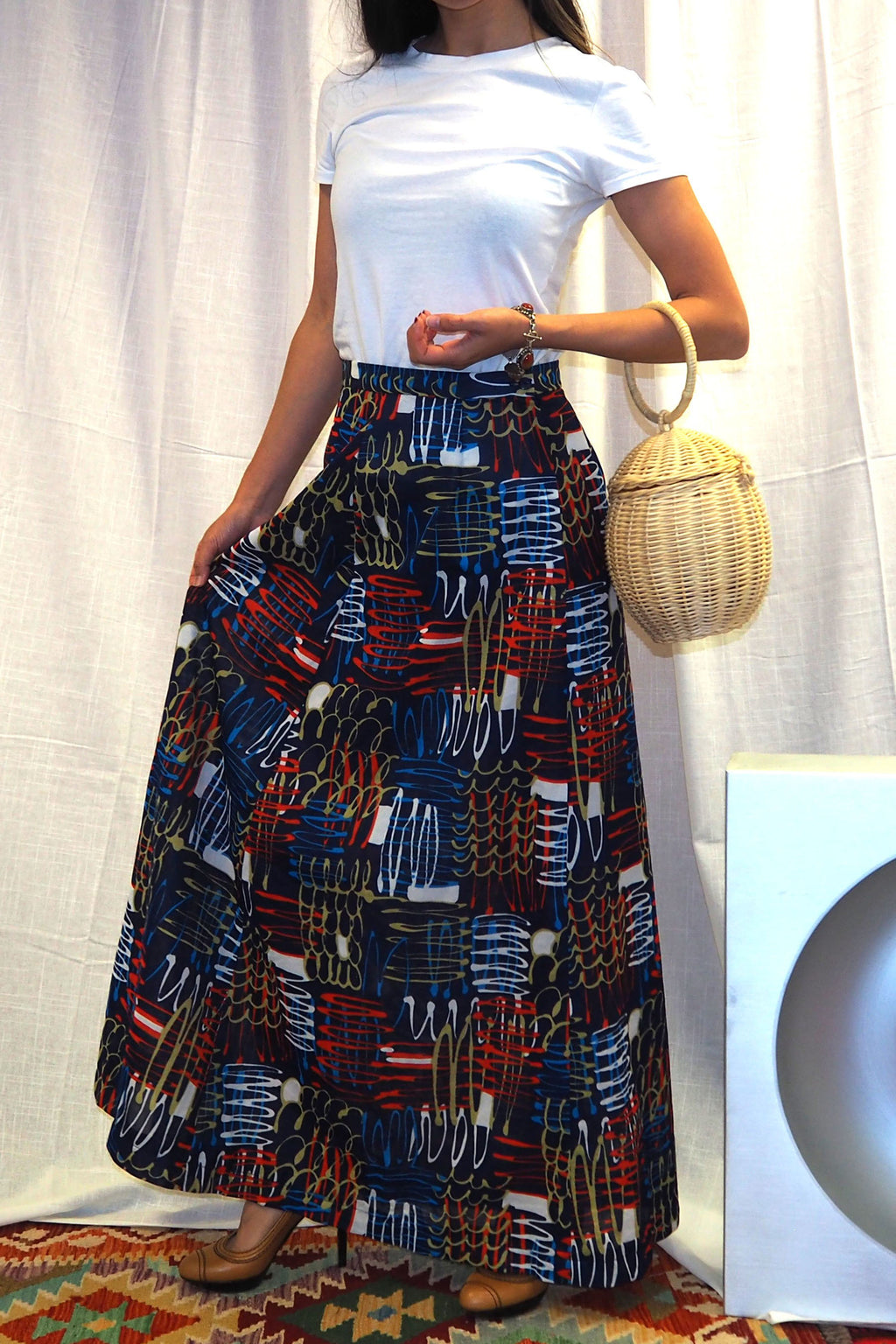 70's Abstract Print Long Skirt Navy/Multi