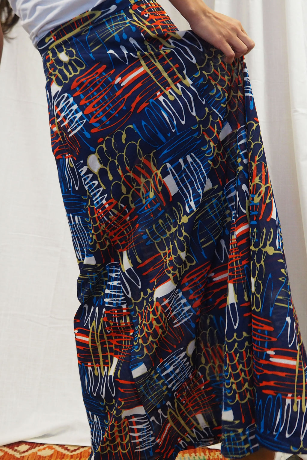 70's Abstract Print Long Skirt Navy/Multi