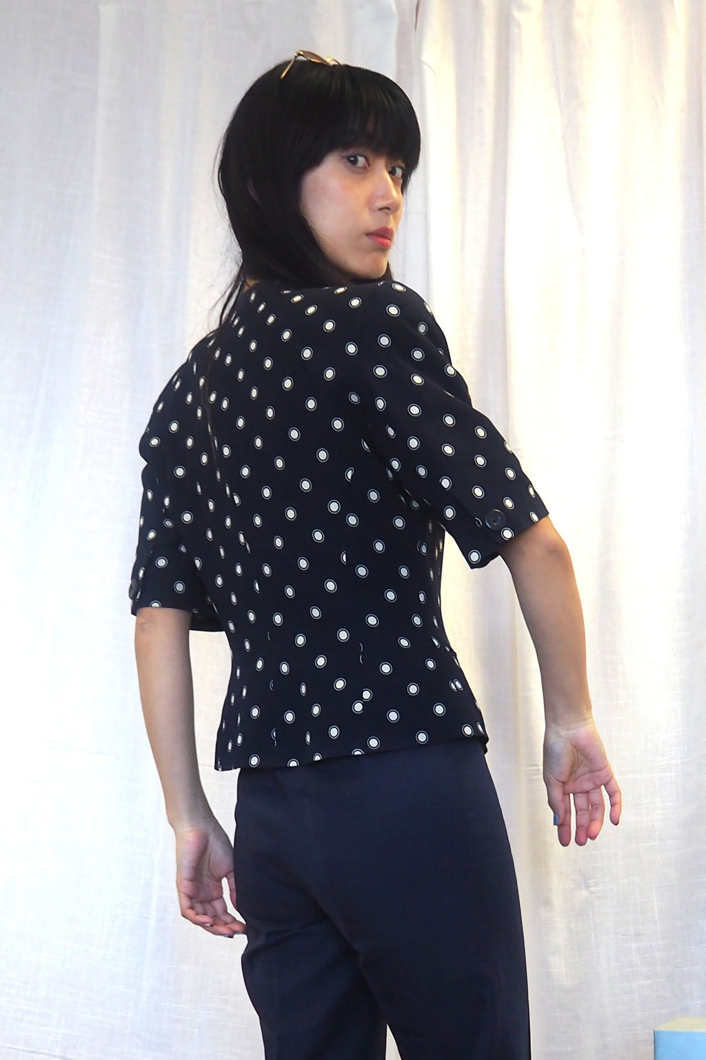 80s ALEXON Polka Dot Half Sleeve Jacket Navy