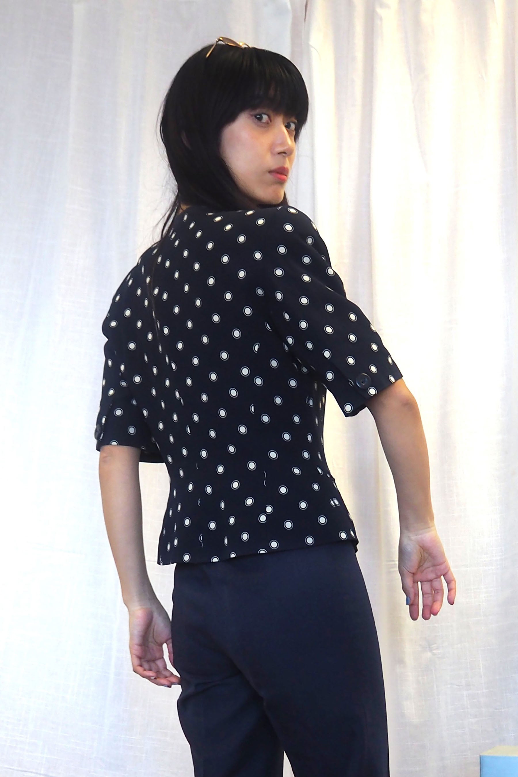 80s ALEXON Polka Dot Half Sleeve Jacket Navy