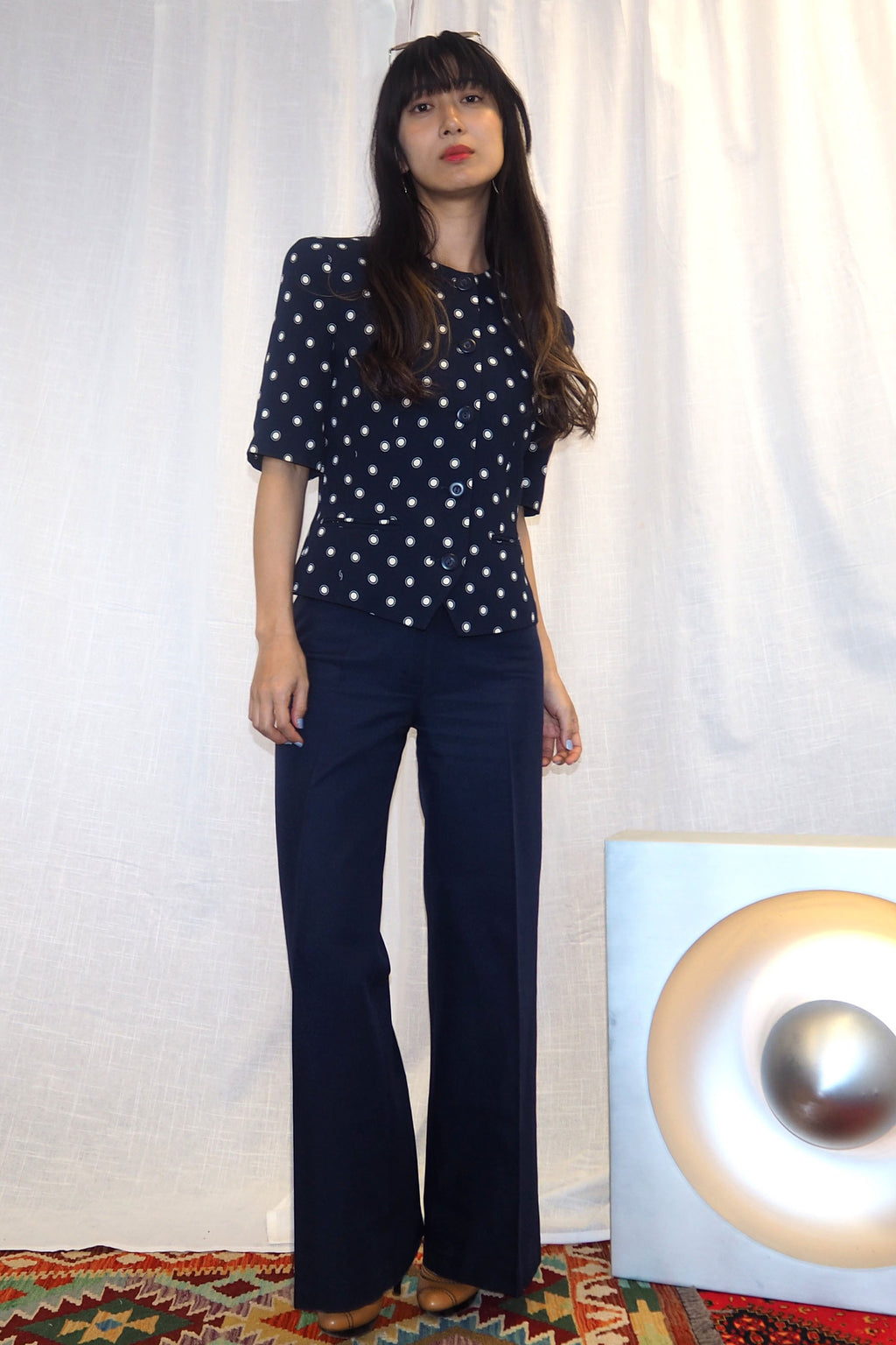 80s ALEXON Polka Dot Half Sleeve Jacket Navy