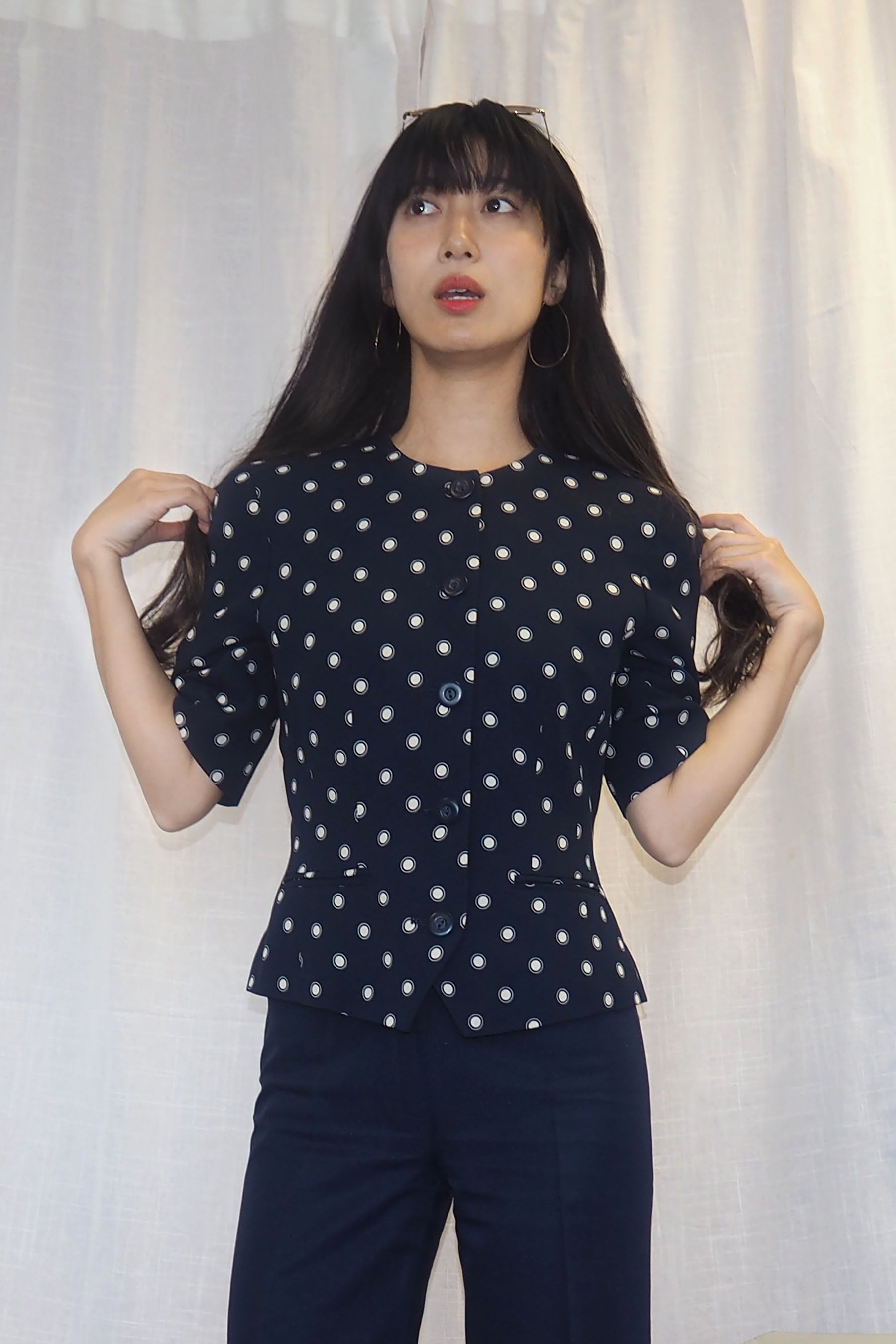 80s ALEXON Polka Dot Half Sleeve Jacket Navy