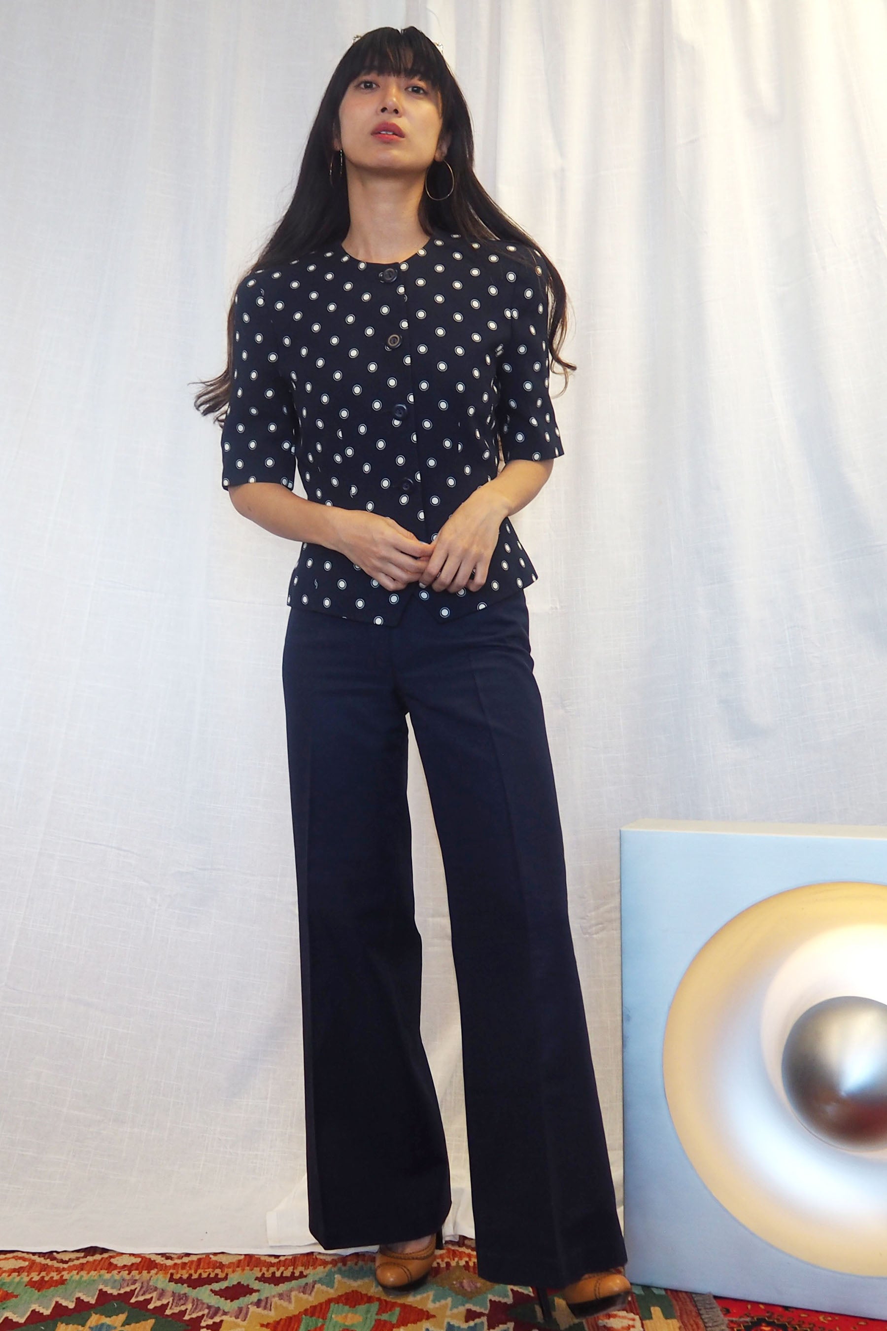 80s ALEXON Polka Dot Half Sleeve Jacket Navy