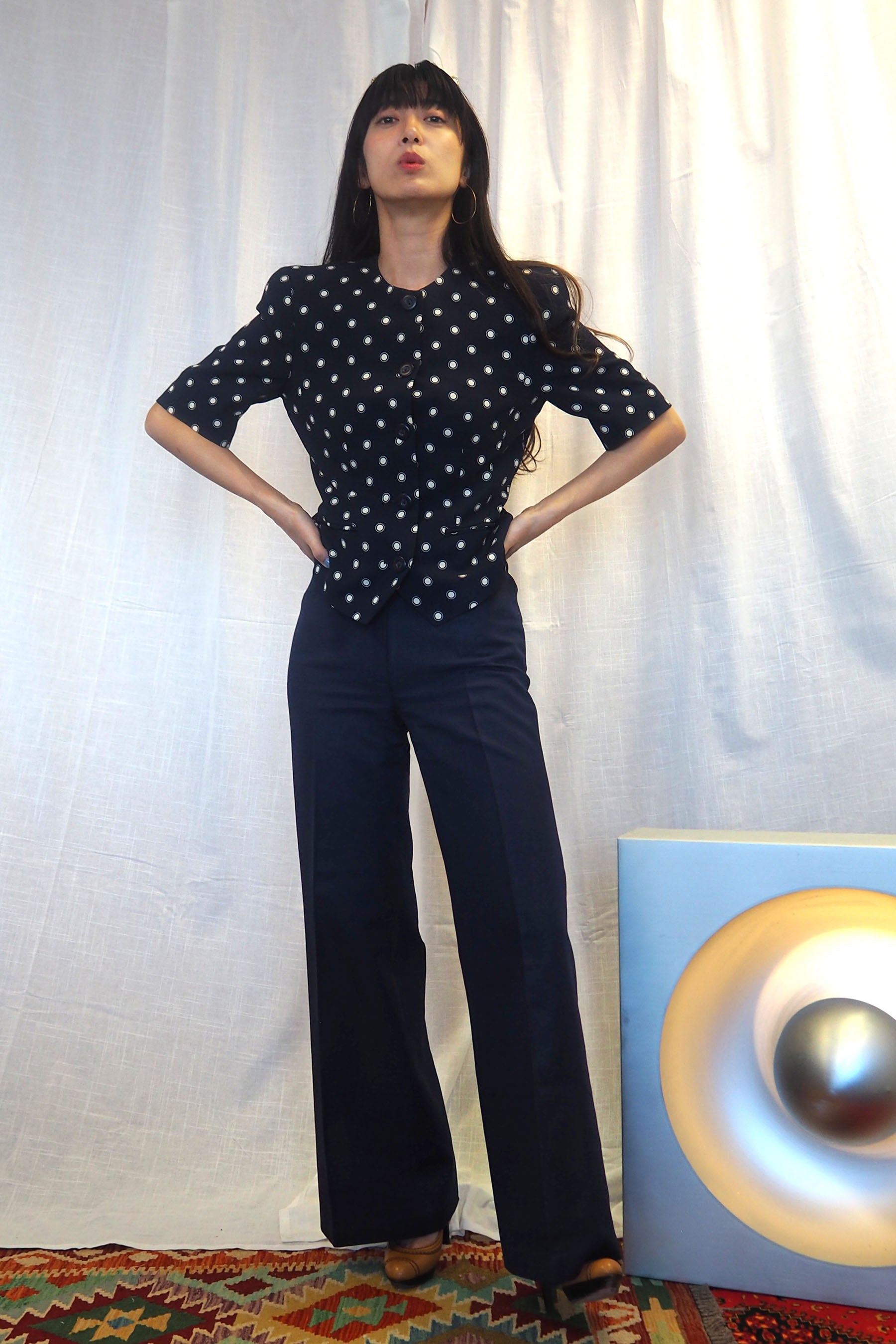 80s ALEXON Polka Dot Half Sleeve Jacket Navy