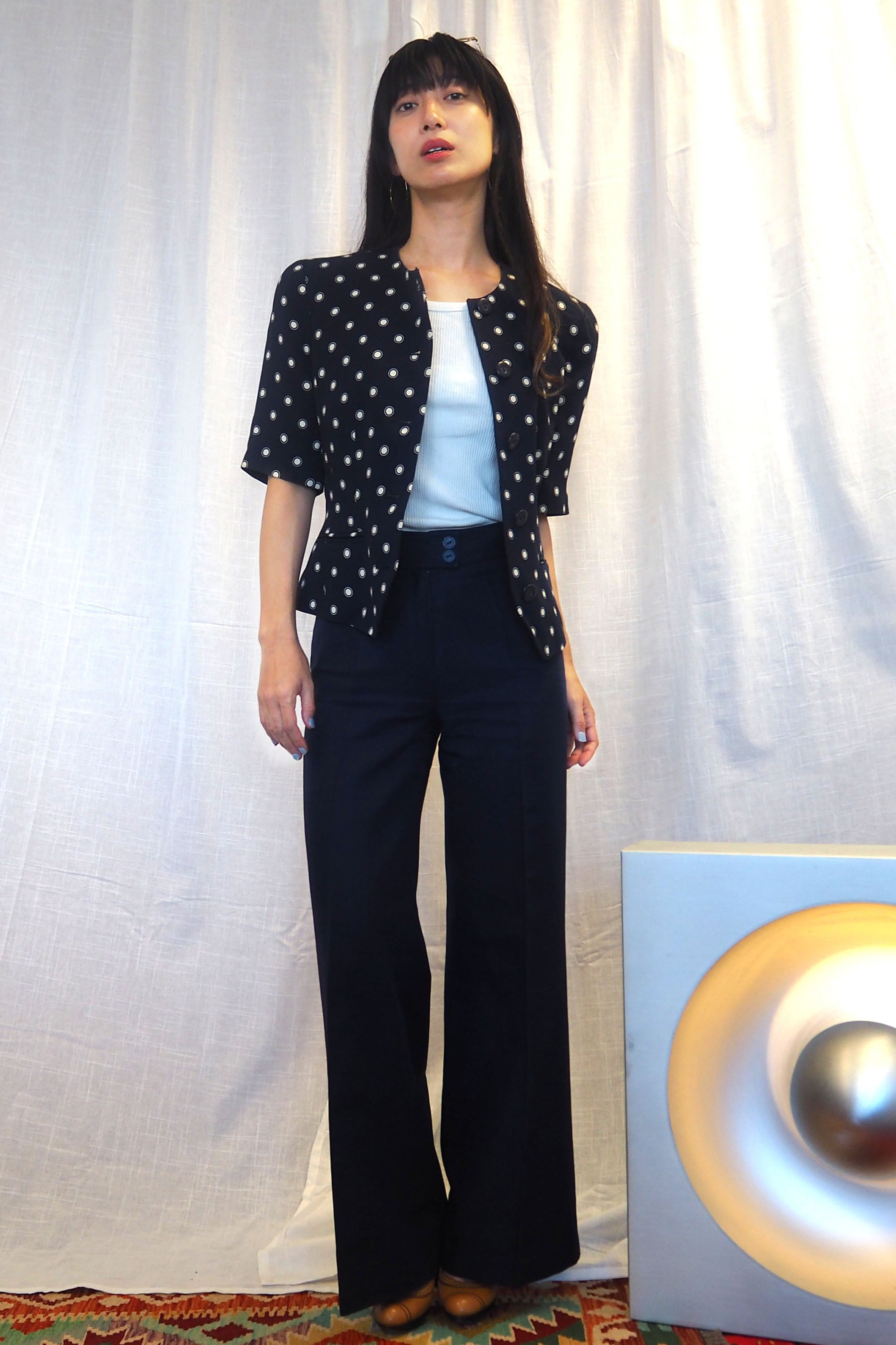 80s ALEXON Polka Dot Half Sleeve Jacket Navy