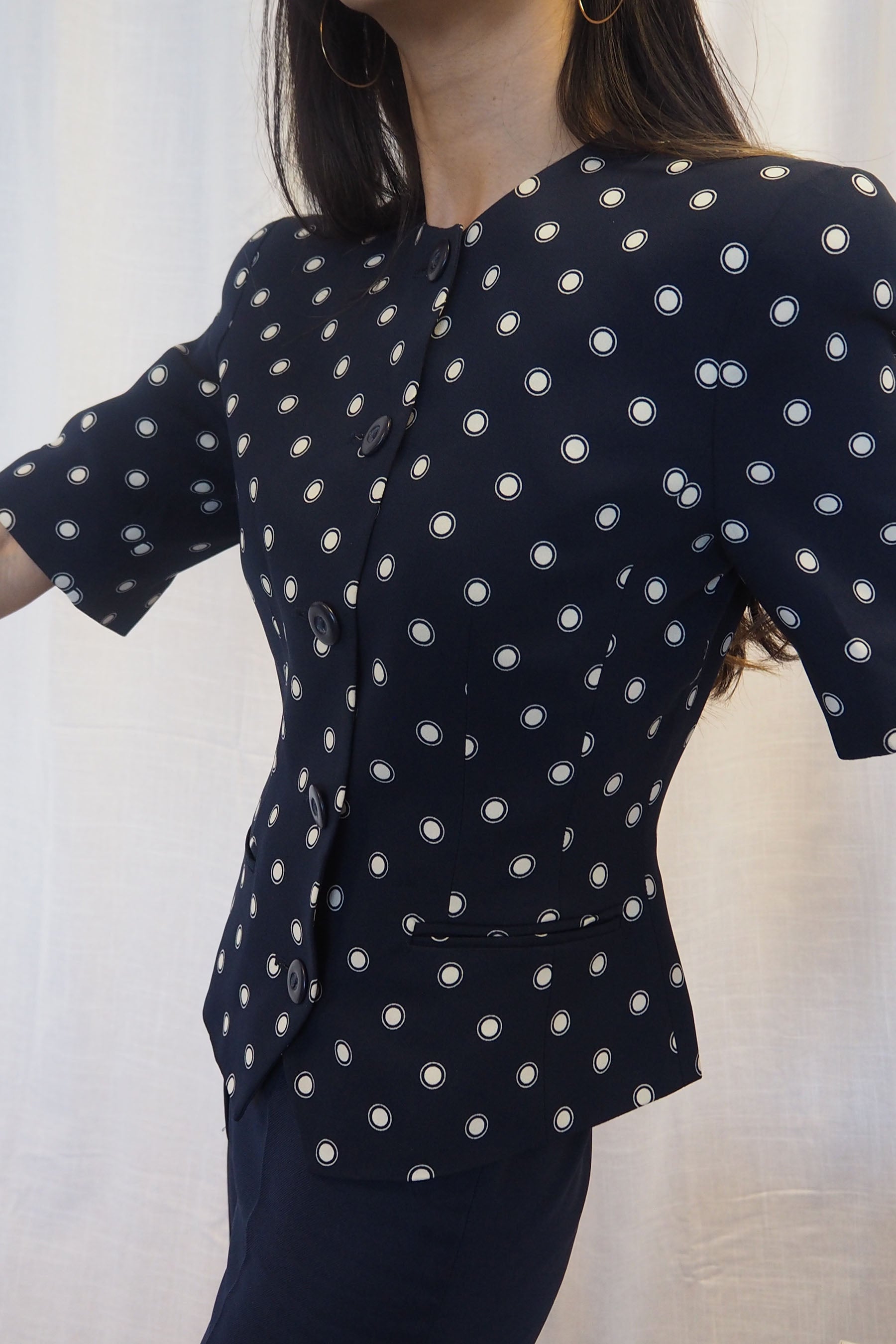 80s ALEXON Polka Dot Half Sleeve Jacket Navy