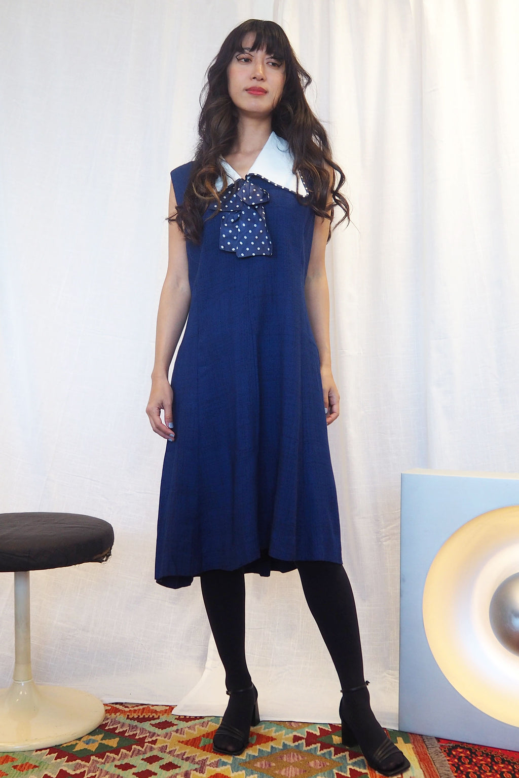 60's Navy Polka Dot Collar Midi Dress